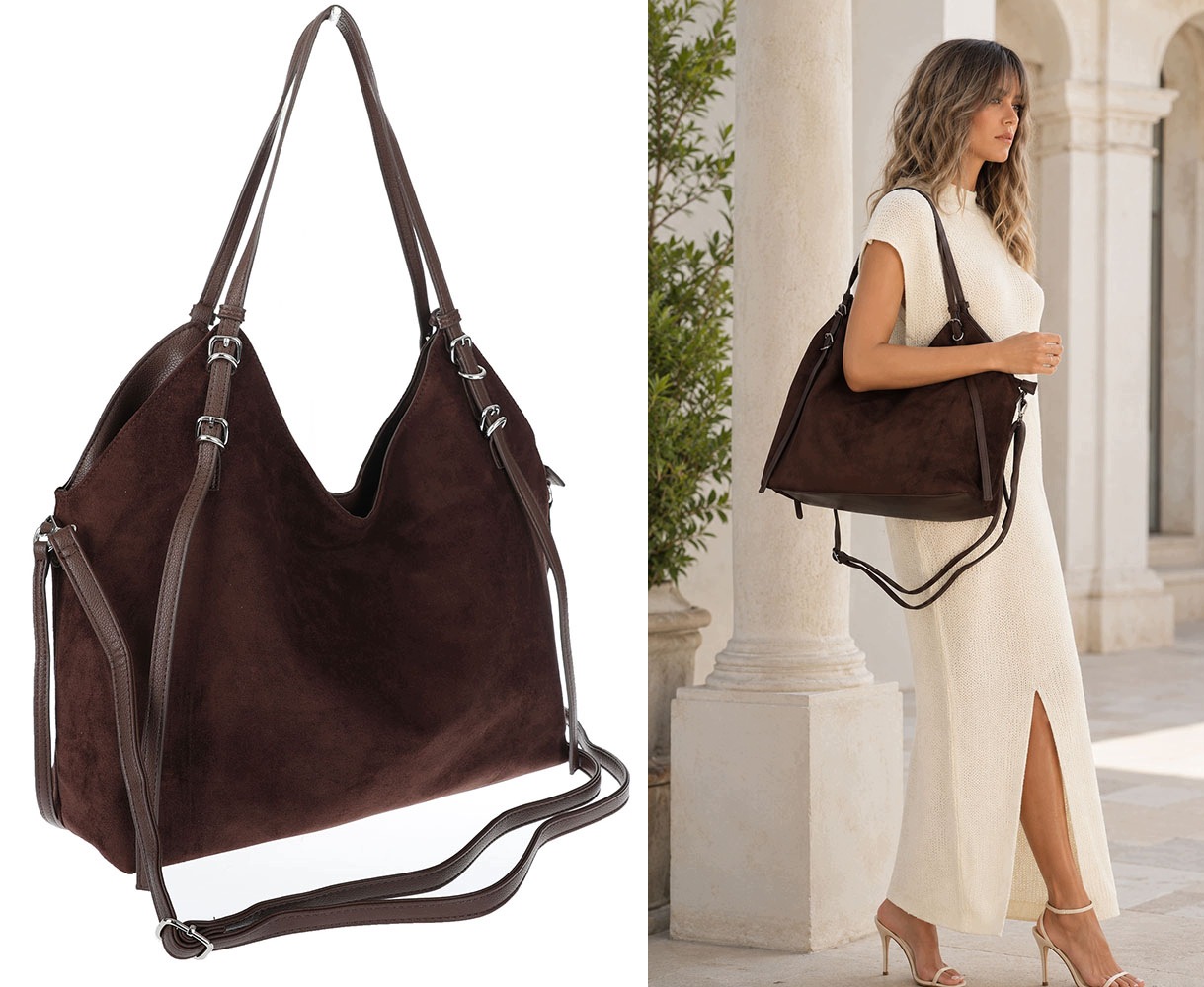 Dámská semišová kabelka shopper prostorná elegantní módní 638C Čokoládová