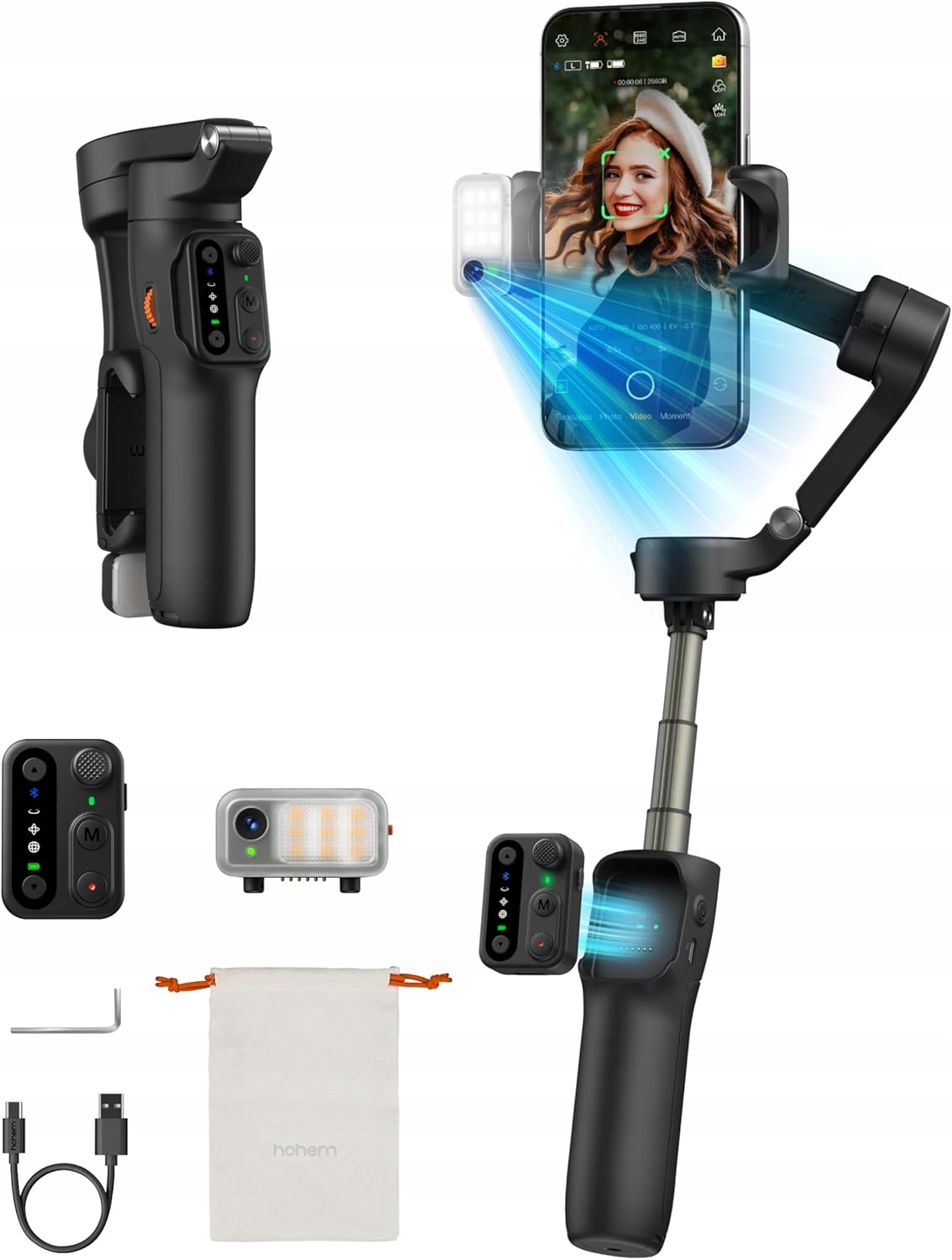 Gimbal 3-osiowy, wysięgnik do telefonu Hohem iSteady V3 Czarny z lampą Led