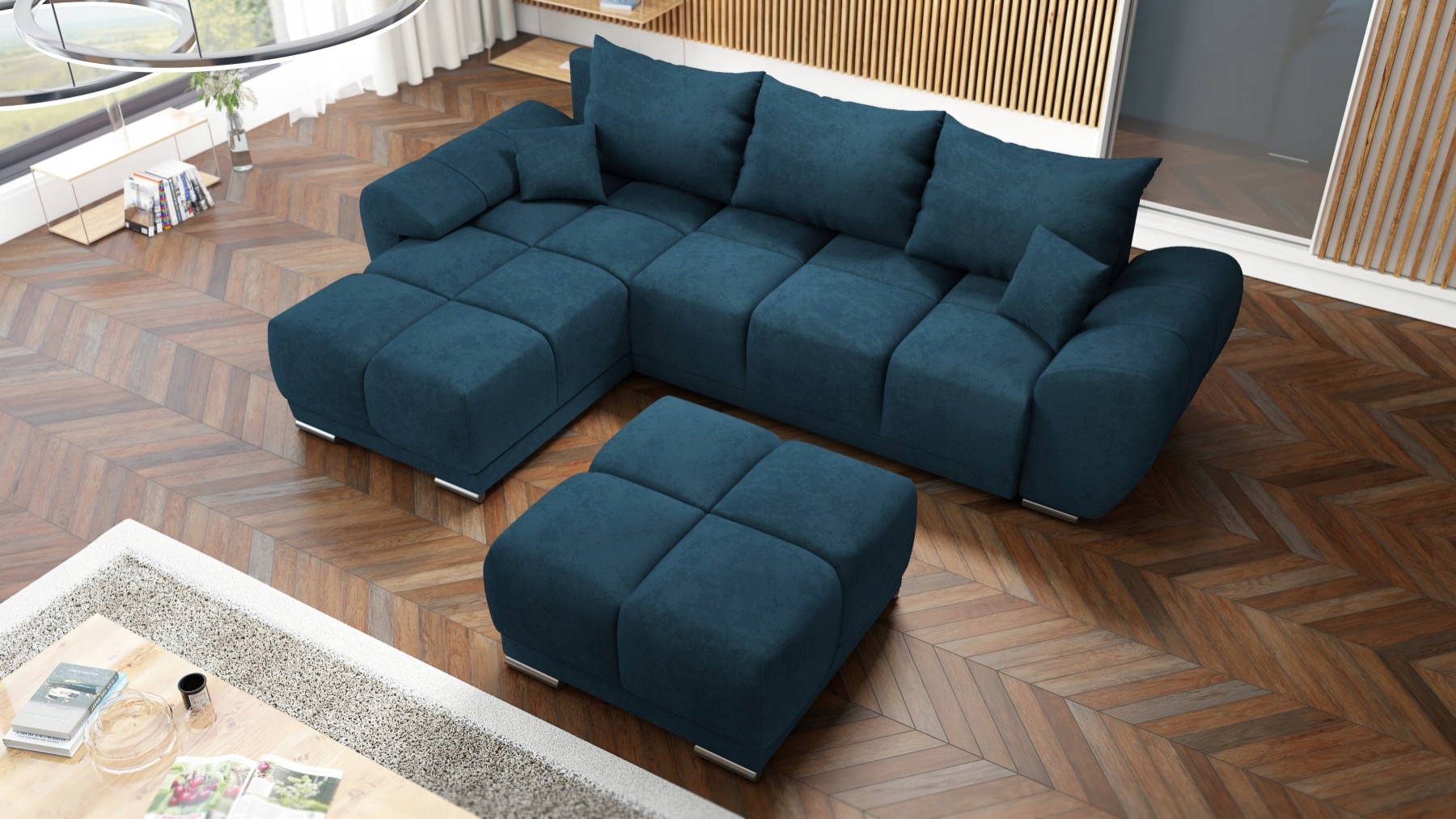 Modrý Rohová Sedací Souprava Do Obývacího Pokoje Rozkládací, Funkce Spaní Honey L Velká Taburet