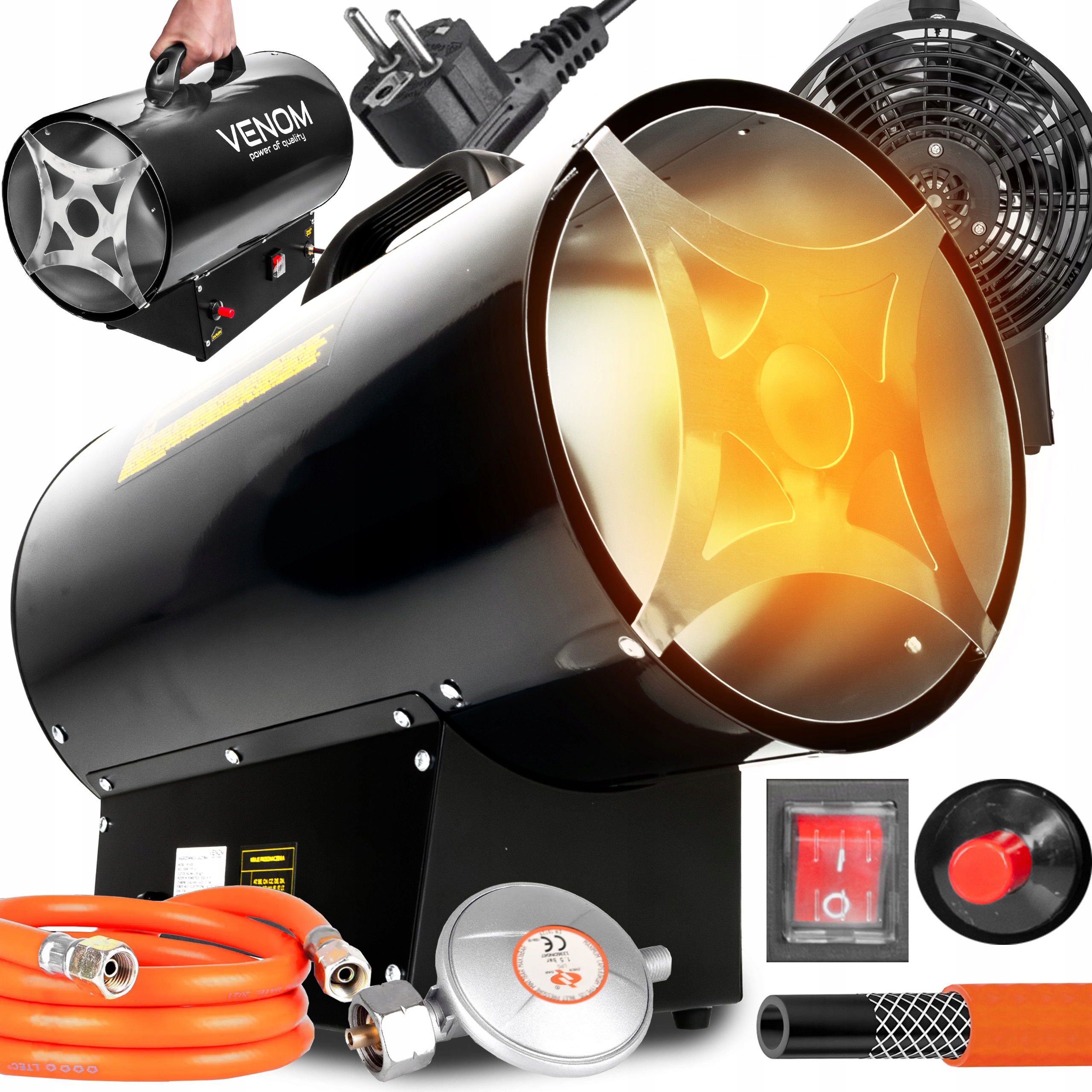Výkonný Plynový Ohřívač Dmychadla 50 kW Na Láhve Radiátor Hadice 150 CM Reduktor