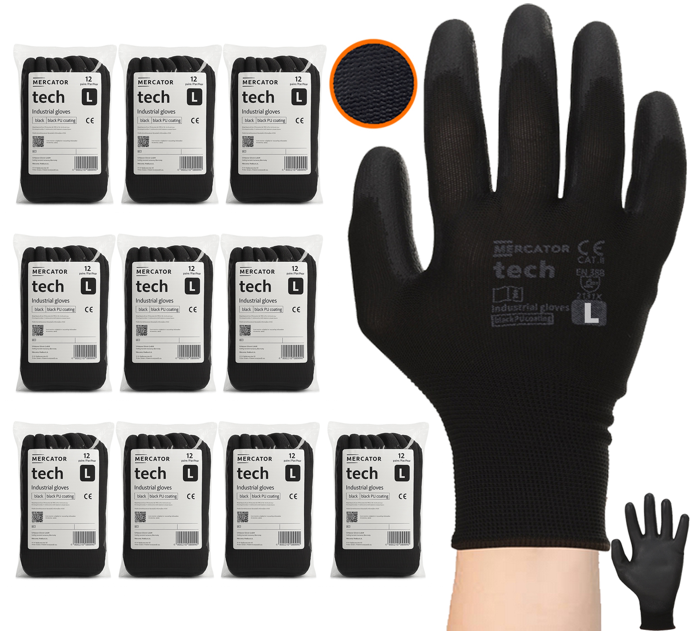 Pracovní Rukavice Poliur Black+black Stahovák Tech Pu Velikost L 120 Párů