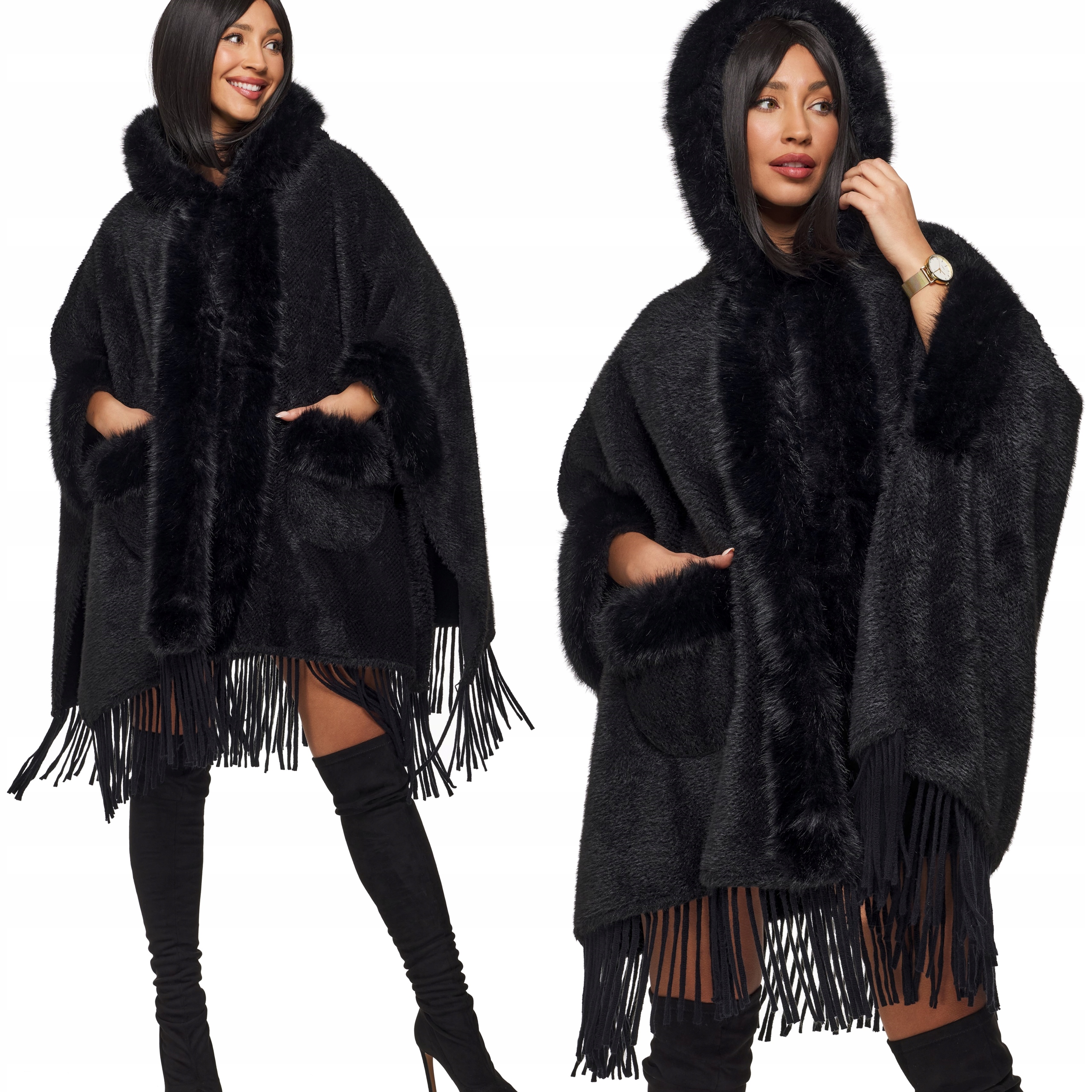 Dámské teplé, silné zimní pletenina s třásněmi a kožešinou, černé