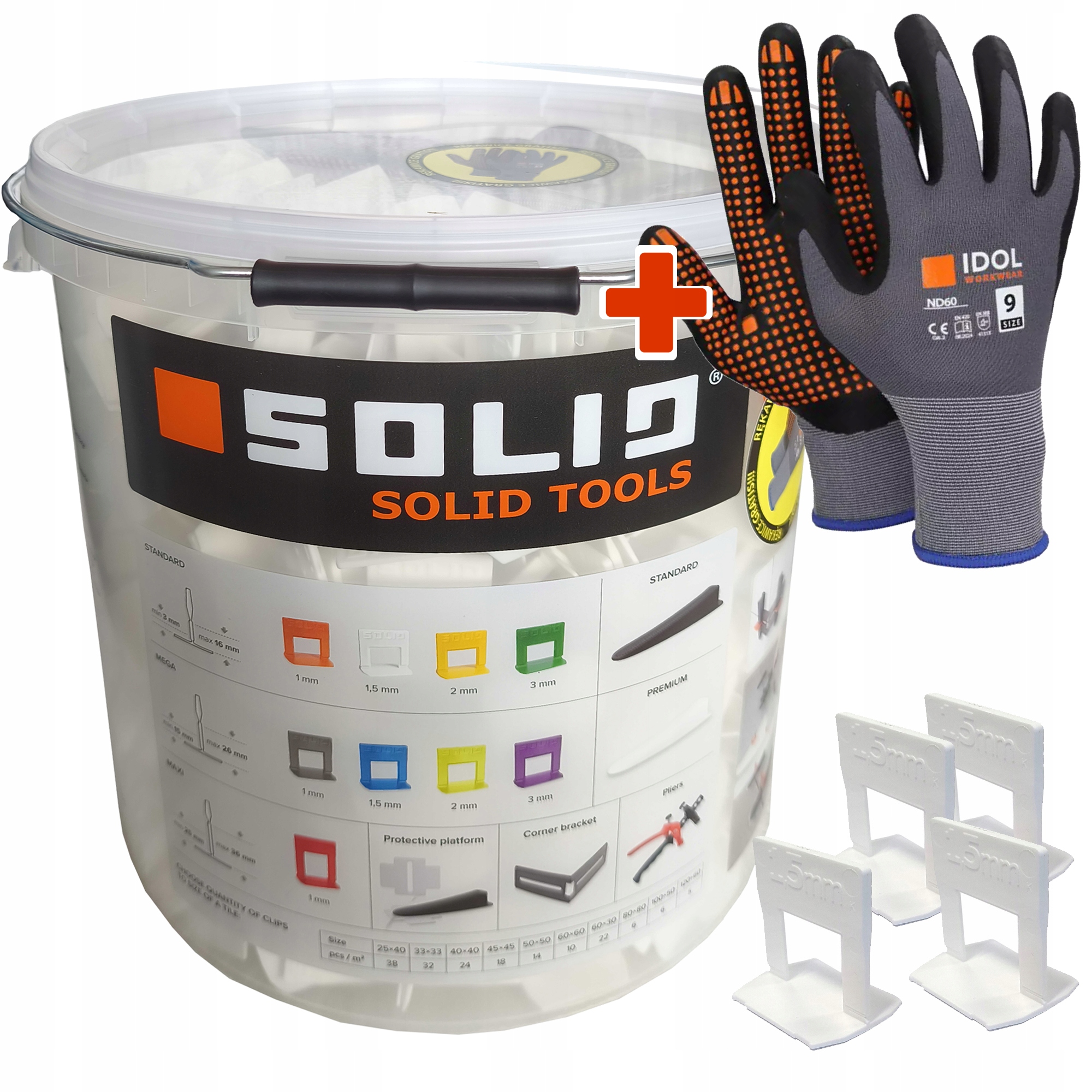 System Poziomowania Płytek Solid Klipsy 1,5mm 800szt wiadro 20L rękawice