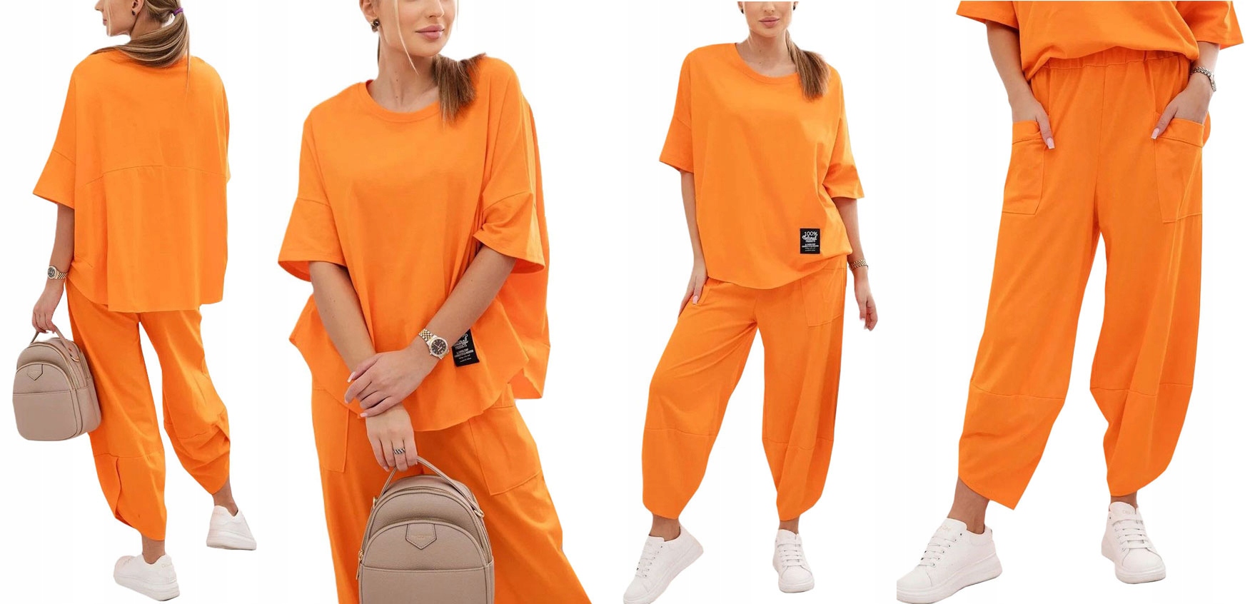 WŁOSKI ELEGANCKI KOMPLET BAWEŁNIANY BLUZKA SPODNIE DRESOWY OVERSIZE L