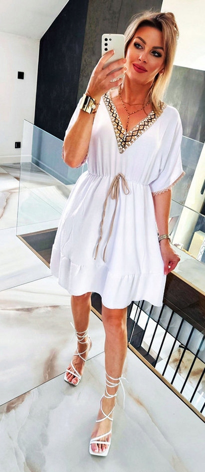 .SUKIENKA BIAŁA LETNIA ZWIEWNA NA LATO BOHO ELEGANCKA Z PODSZEWKĄ V Wzór dominujący bez wzoru