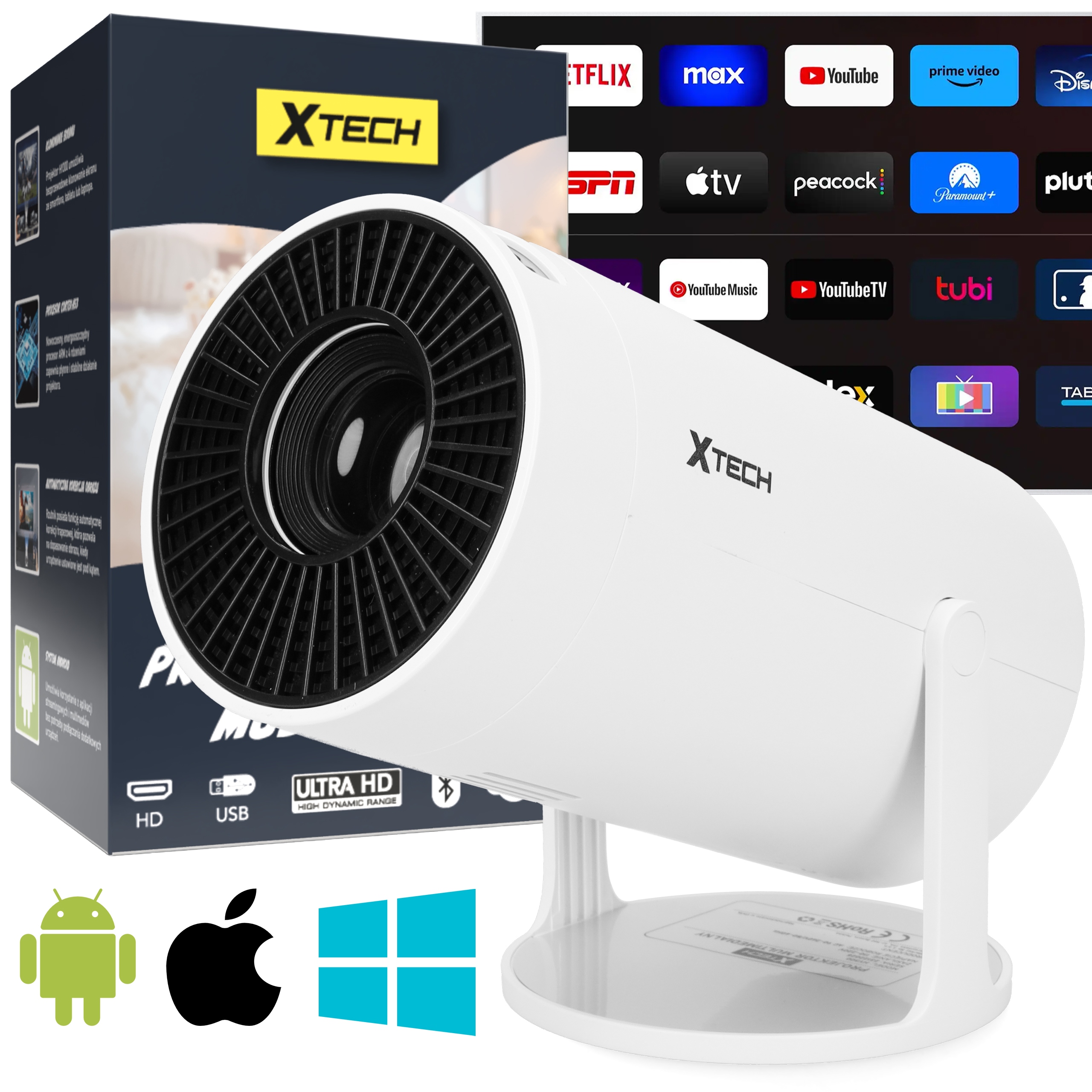 Projektor Rzutnik Multimedialny Android TV WiFi HD Smart Głośnik Obrotowy