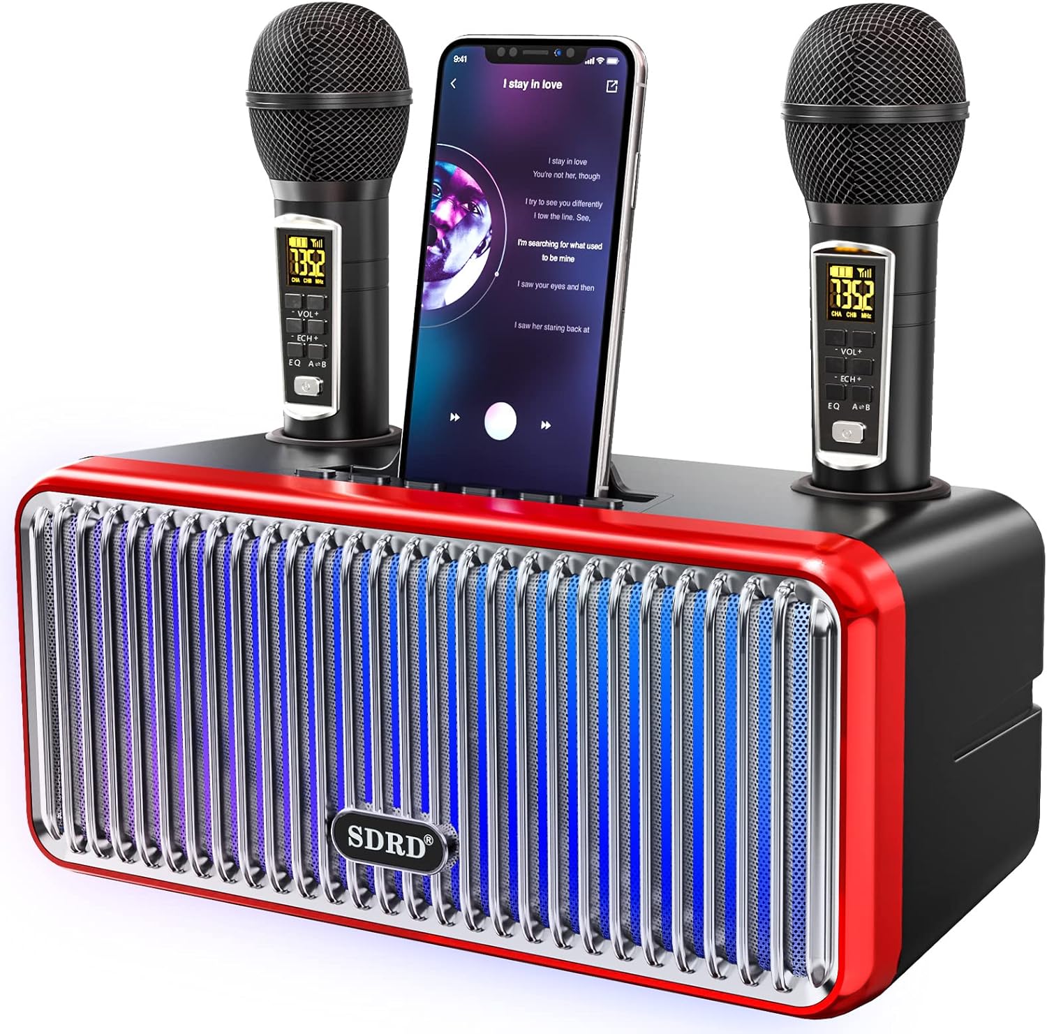 Bluetooth Led karaoke reproduktor 2 Uhf mikrofony, přenosný pro každého