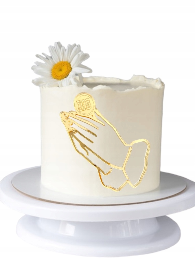 TOPPER DEKOR NA BOK TORTU KOMUNIA ŚWIĘTA IHS MODLITWA DŁONIE ZŁOTY LUSTRO Marka Kapart