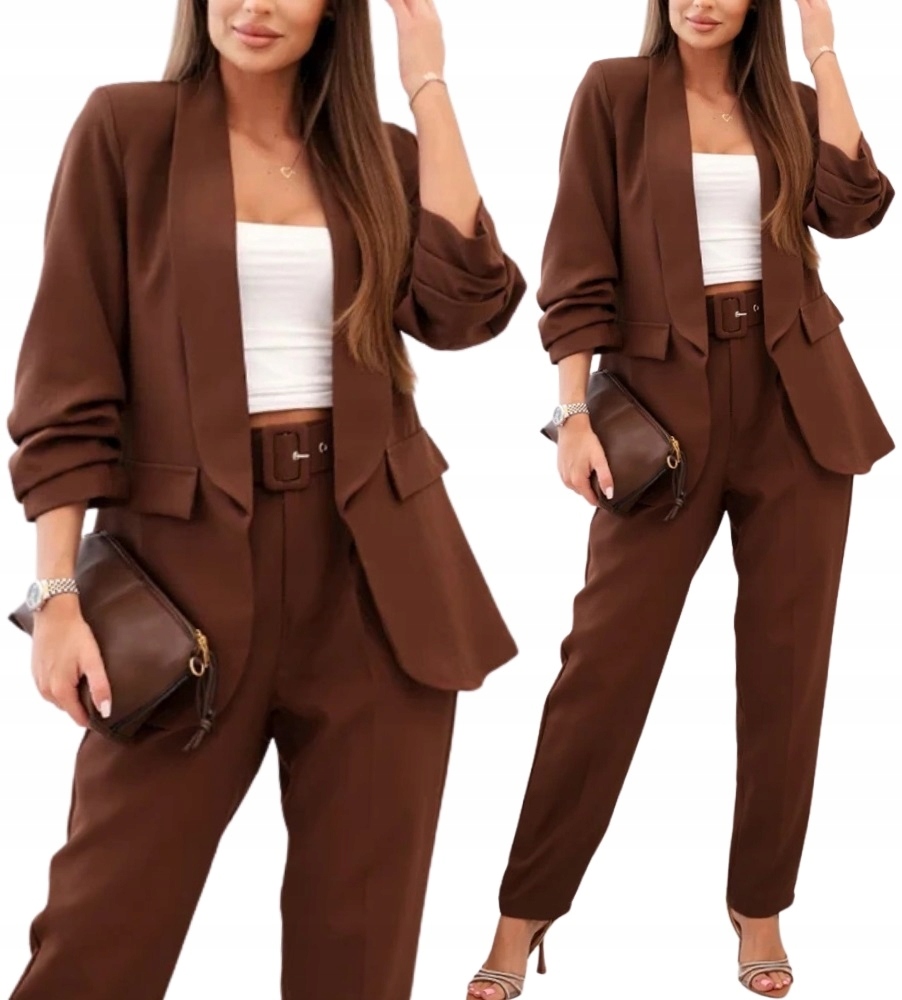 Dámský Oblek Komplet Sako Kalhoty S Páskem Hnědá 42 XL
