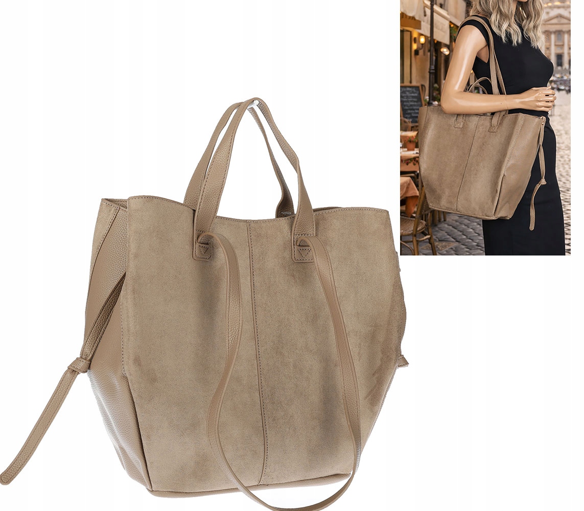Torebka Damska Shopperka łódka Pojemna Duża Torba zamszowa R961 Beżowa