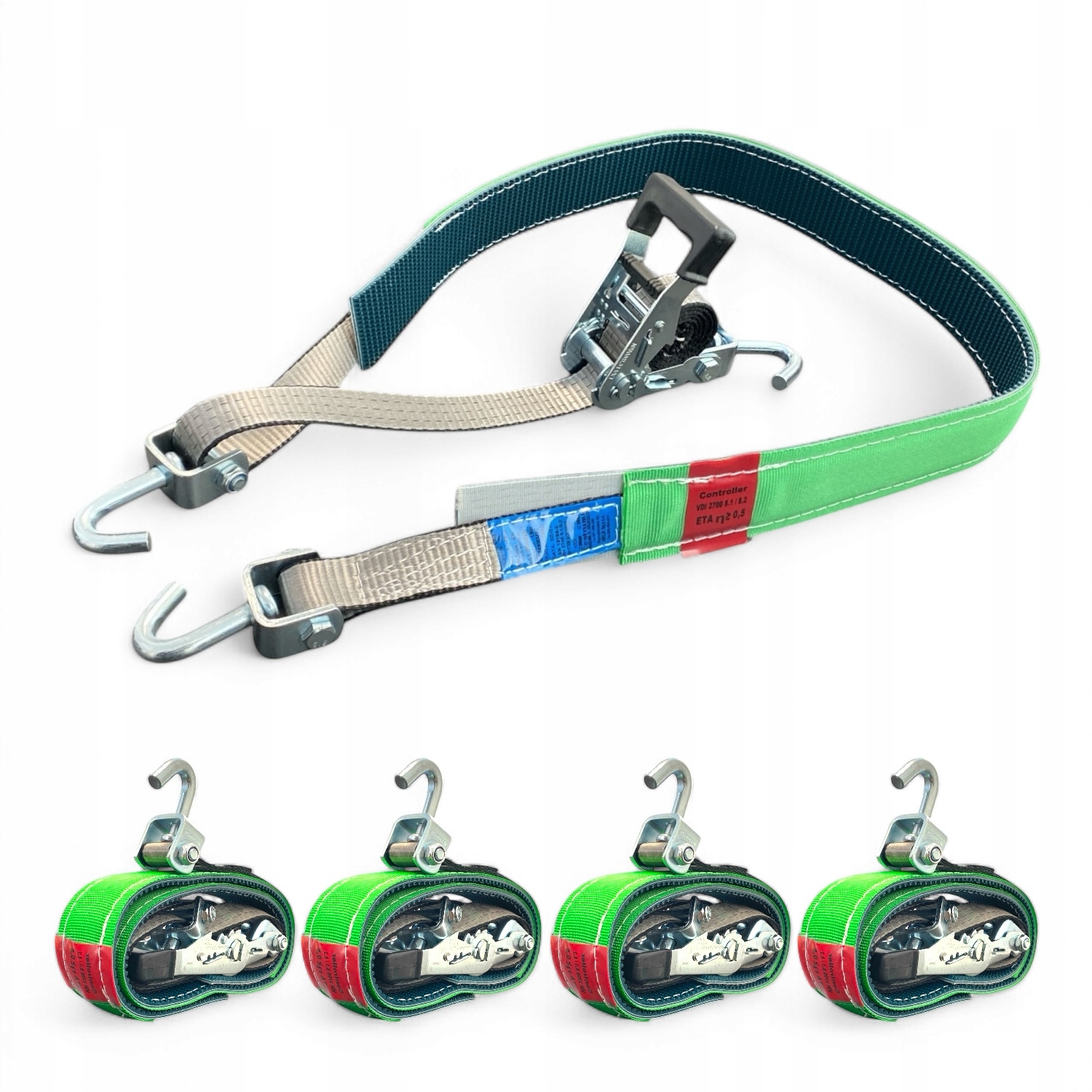 4x Prepravné pásy pre odťahové vozidlá VDI s Gumou 2,8 m 35 mm, 3 háčiky VDI 2700 BI.8.1