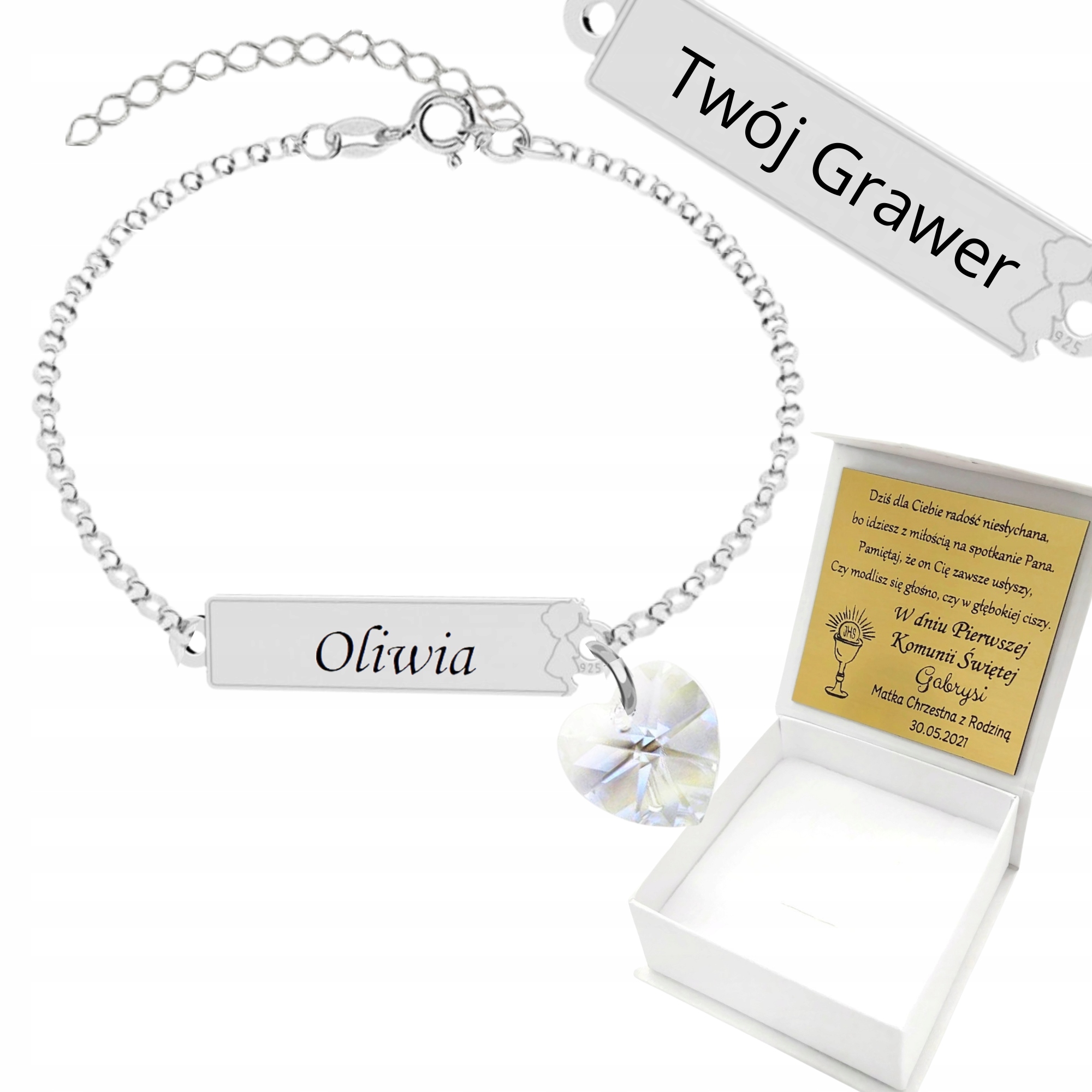 Náramek pro dívku Gravírování Svaté Přijímání Srdce Srdíčko Stříbro 925