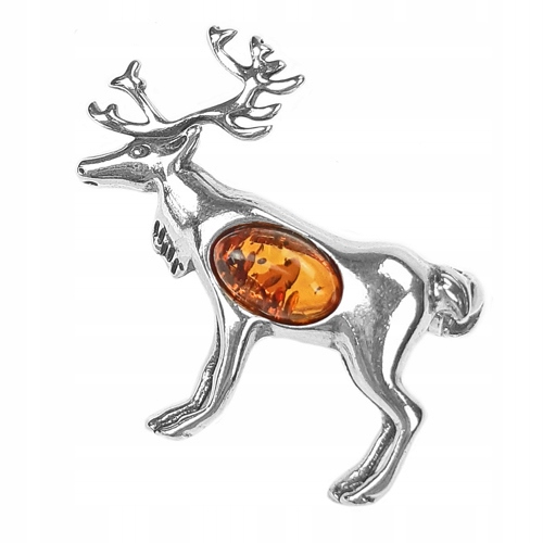 Jelen stříbrná brož Jelonek s přírodním baltským Jantarem stříbro 925