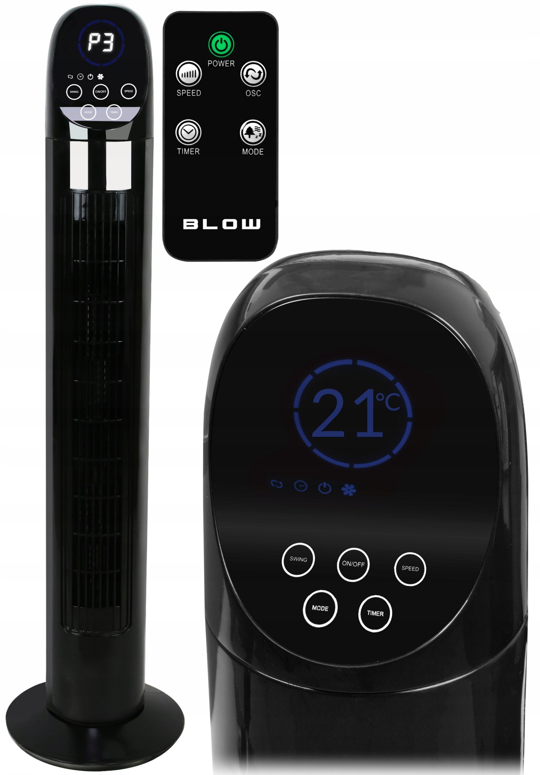 Stĺpový ventilátor, nastaviteľný, oscilačný, 90 W, 88 cm