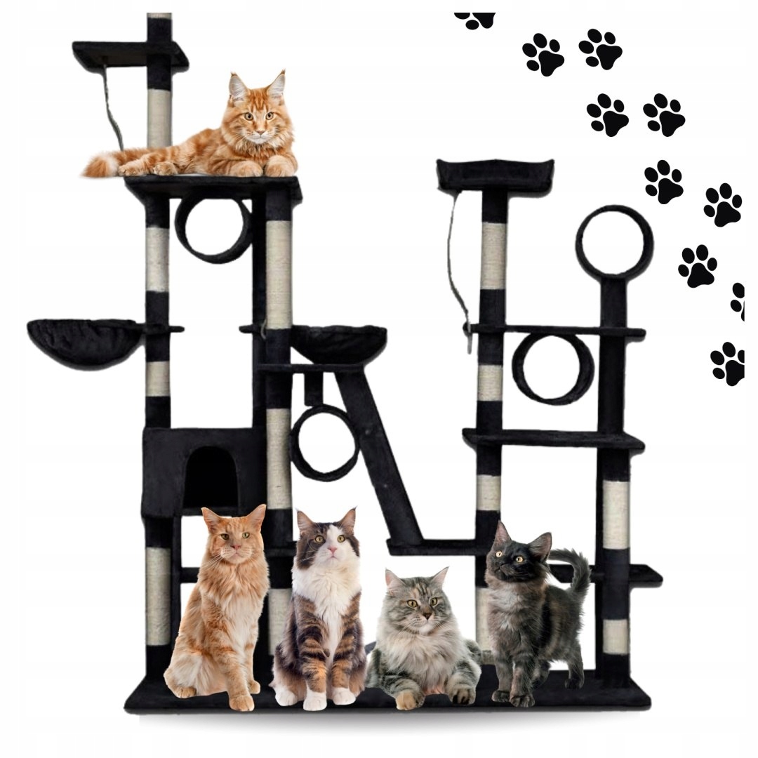 Levně Drapak Pro Kočky XXL Velký 255 cm Věž Houpací Síť Tuba Domeček Pelíšek Černý