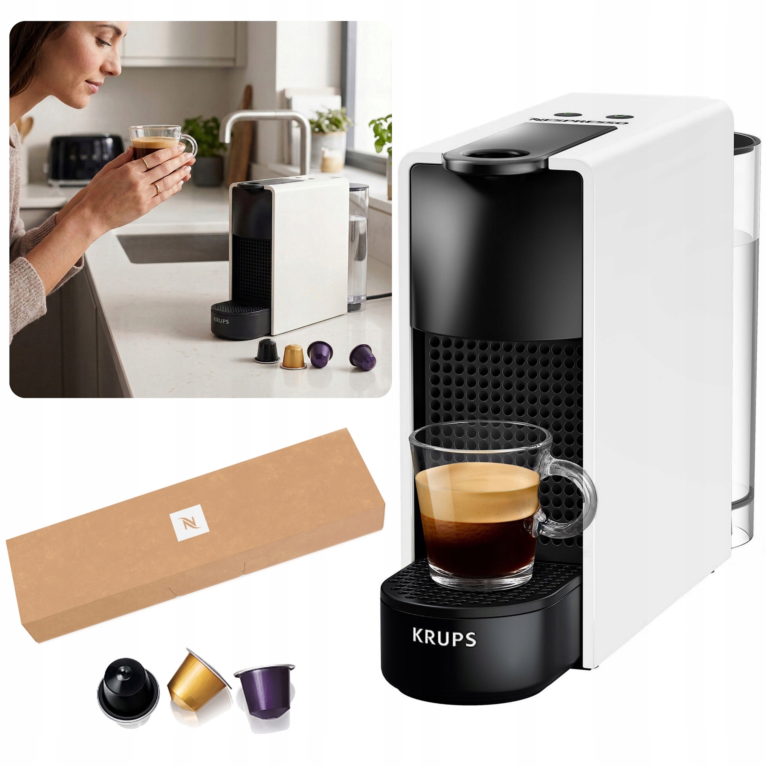 Krups Essenza Mini – kompaktní kapslový kávovar Nespresso, bílo-černý,