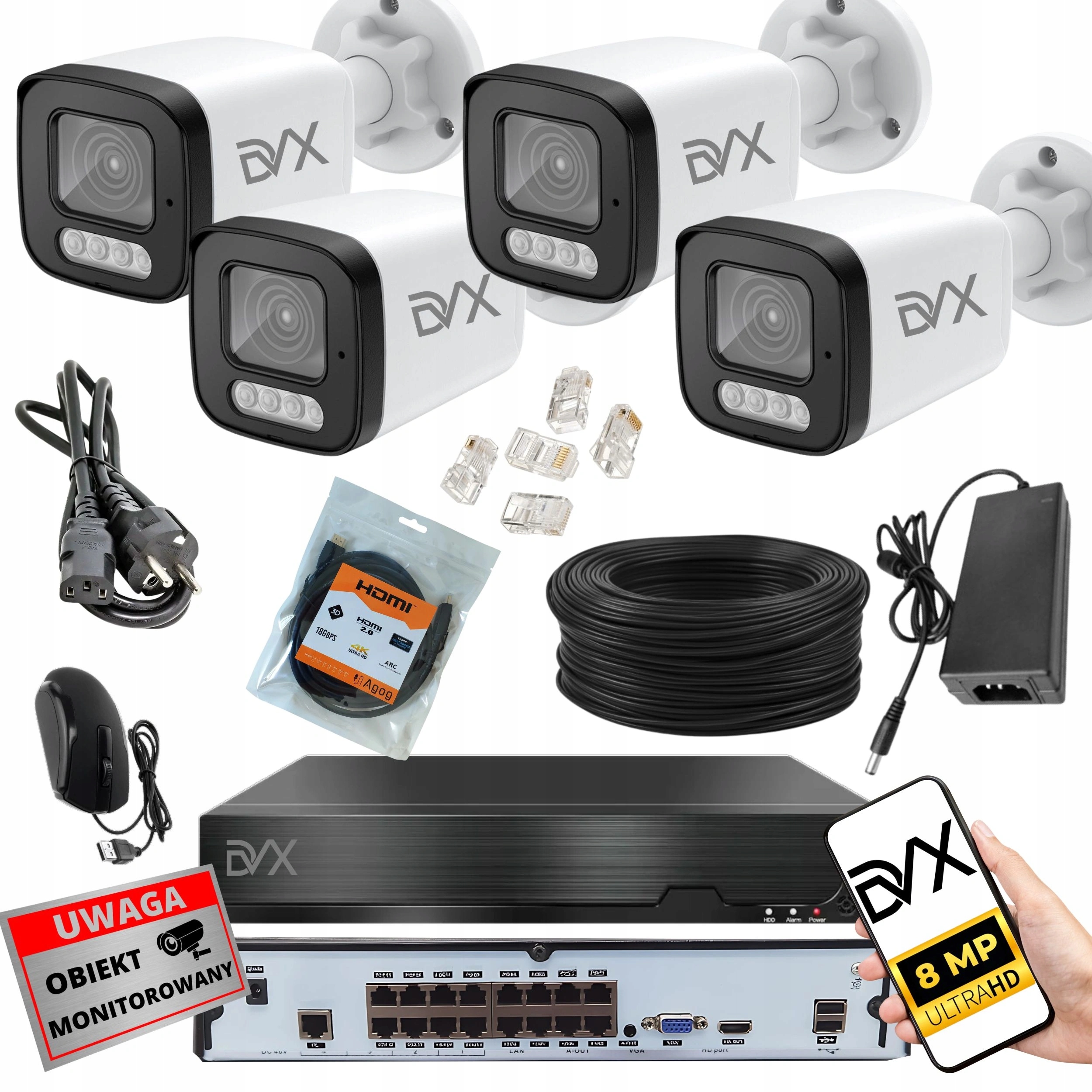 Komplet Kamera x4 PT8L Monitoring Ip Poe 8MP 4K Uhd Rekordér P8CH Nvr