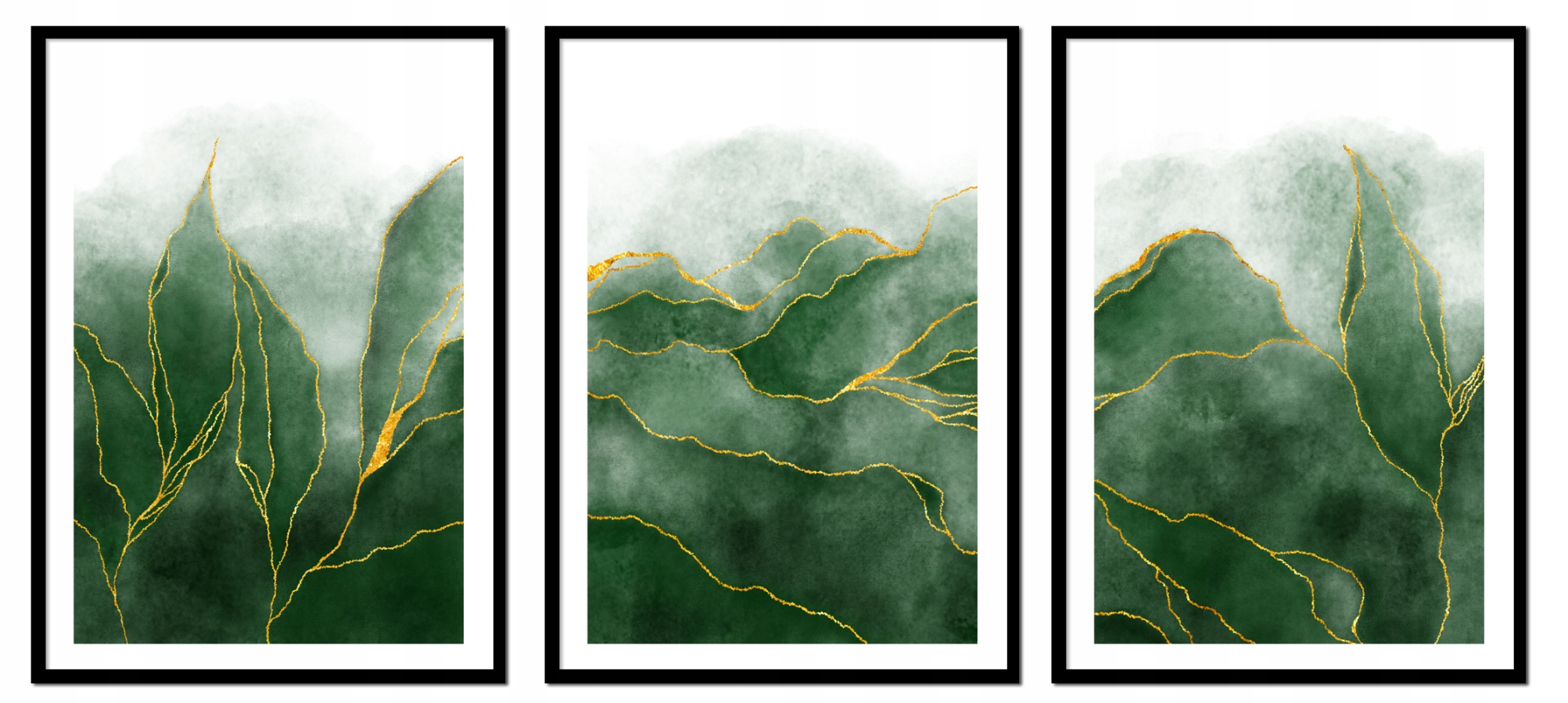 Triptyk Sada 3 Obrazů V Rámu zelené listy abstrakce 73x53cm P2484