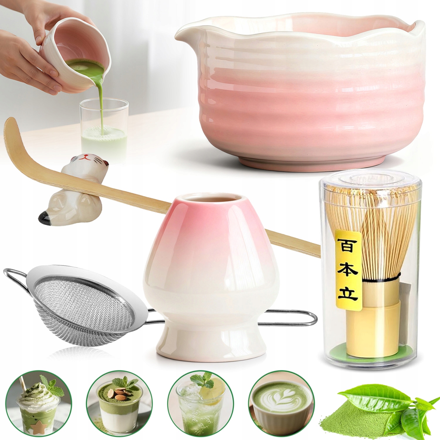 Levně Bambusový Dárková Sada Na Čaj Matchy Chashaku Šlehací Metla Podstavec