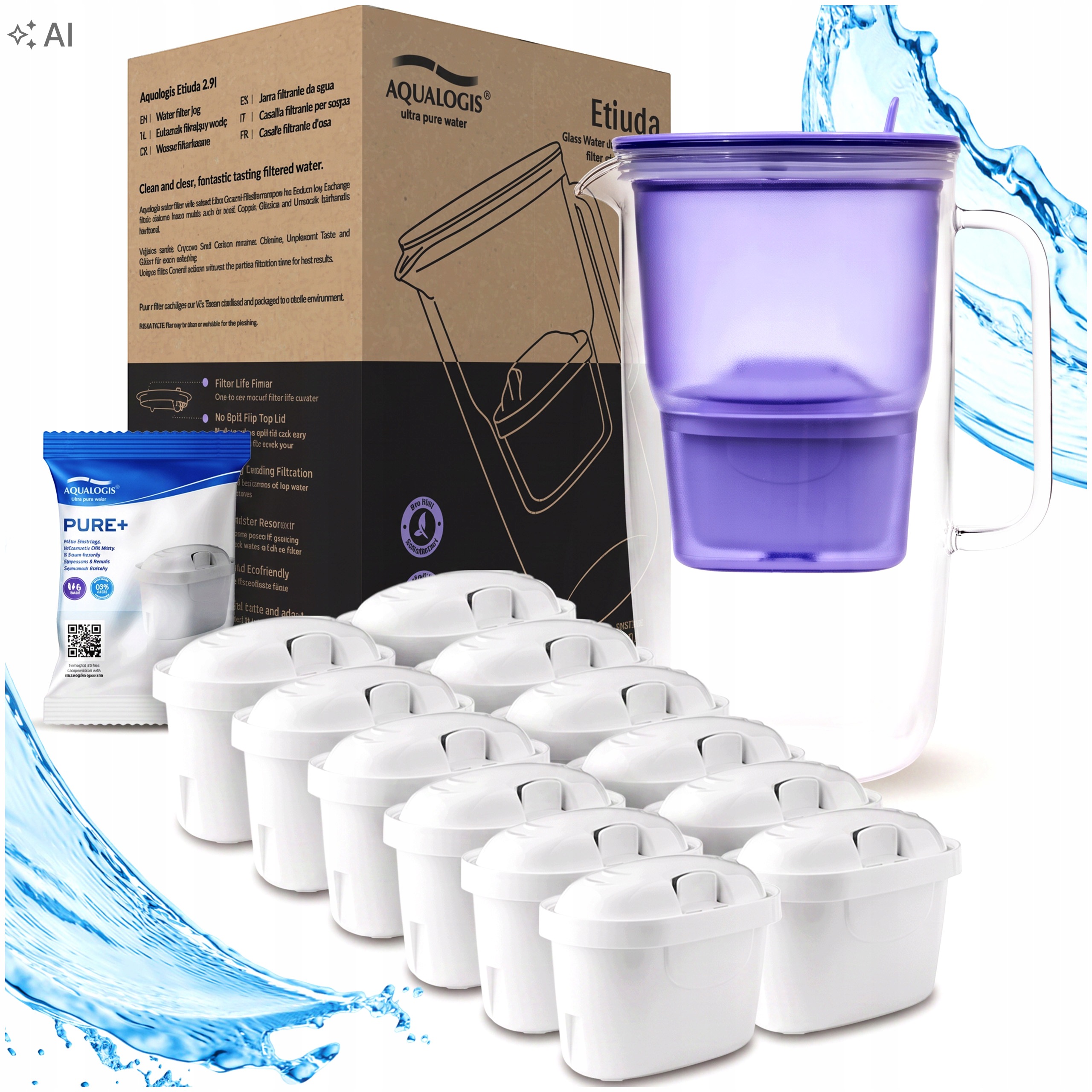 Filtrační Konvice Skleněná Borosilikátová Etuda Levandulová 12 x Filtr Pure+
