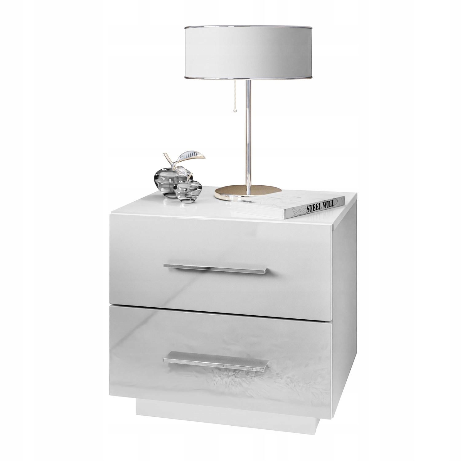 Nočný stolík LINA LUX biely s doskou v lesku LED úchytky chróm