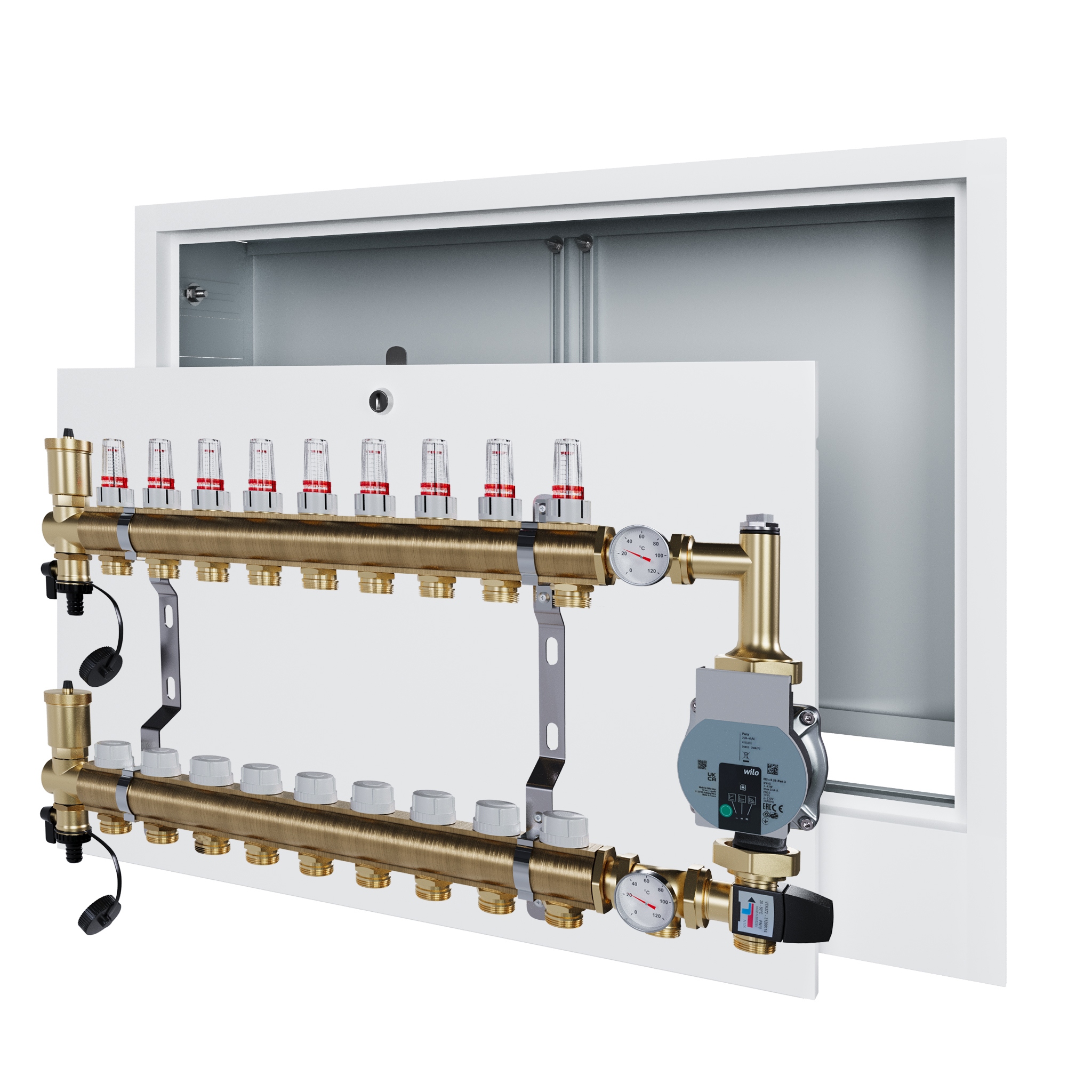 Rozdělovač pro podlahovku 9 s čerpací skupinou Wilo a podomítkovou schránkou