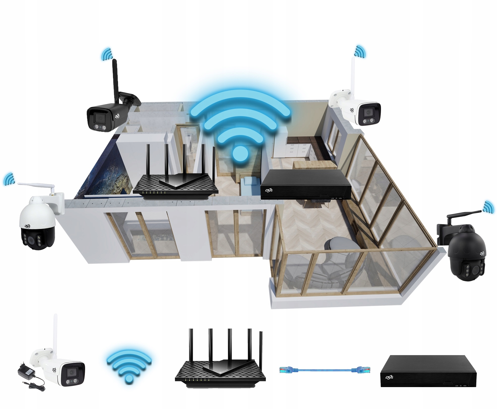 ZESTAW KAMER WIFI 2 KAMERY 5Mpx DO MONITORINGU DOMU TUBA BEZPRZEWODOWA DVS Waga produktu 5 kg