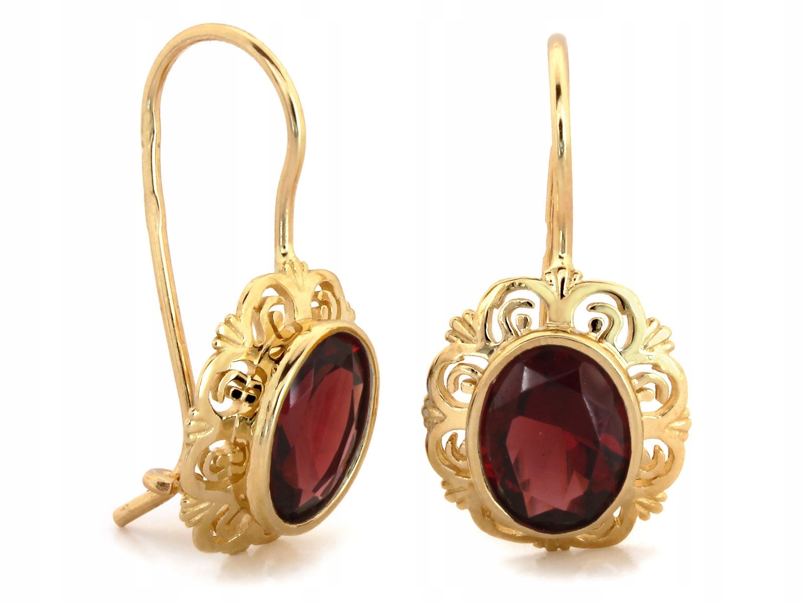 Zlaté náušnice 585 na biglu s červeným syntetickým kamenem jako dárek