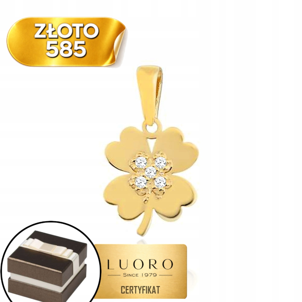 Zlatý Přívěsek 585 14K Čtyřlístek Se Zirkonem Jemný 1,5 CM Elegantní