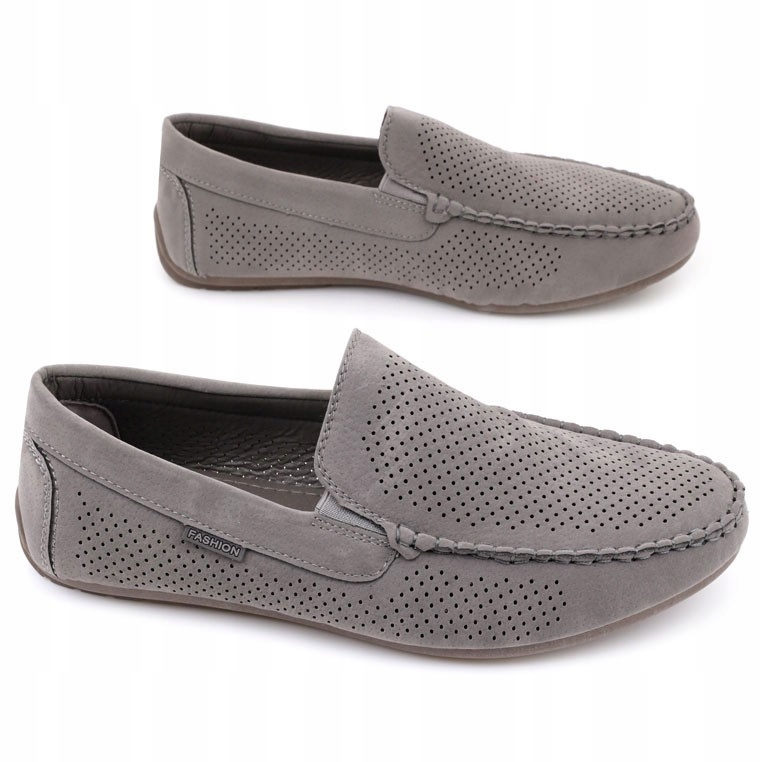 SZARE MOKASYNY MĘSKIE WIZYTOWE PÓŁBUTY AŻUROWE WSUWANE WKŁADKA EKOSKÓRA Oryginalne opakowanie producenta pudełko