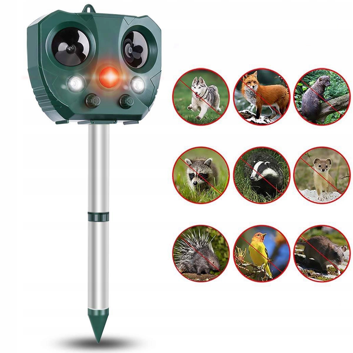 Solární Silný Odpuzovač 7V1 Senzor Pohybu Pir Ultrazvuk Led IP44