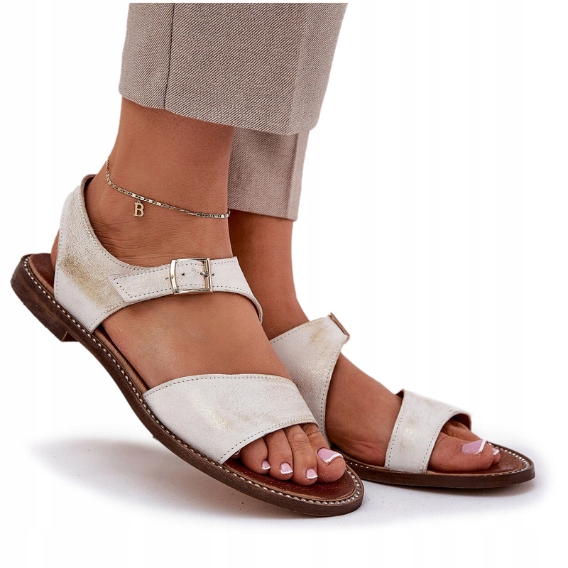 Sandály Přírodní Kůže Plochý Podpatek Zirkony Zazoo 3014 Zlatý 37