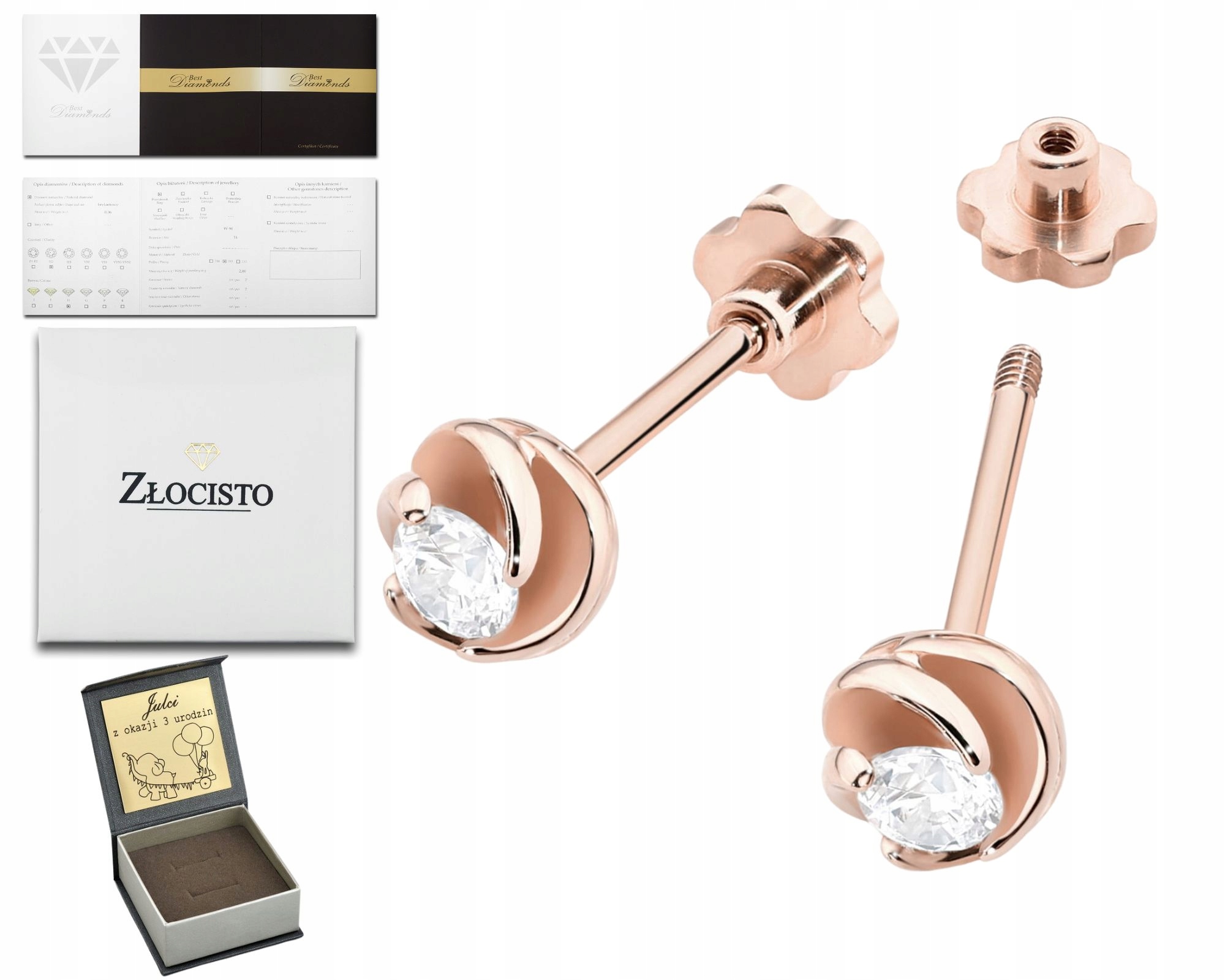 Růžové Zlato Náušnice S Diamantem, Šroubovací Tyčinka, Klasický Gravírování