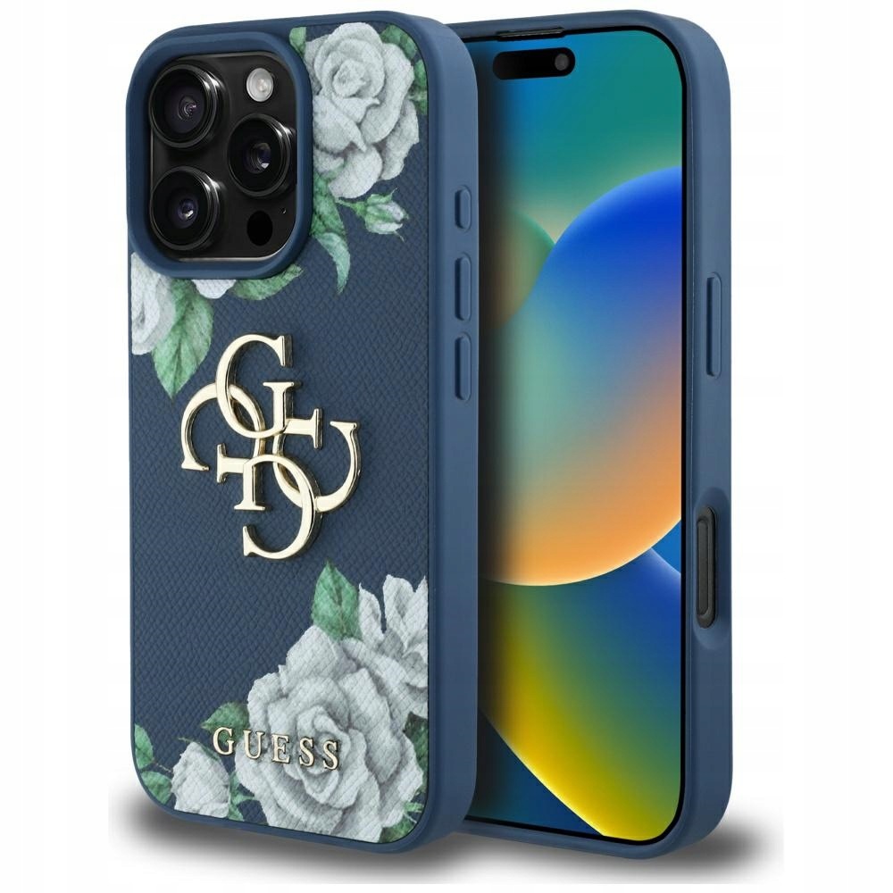 Pouzdro Guess Grained Roses Big 4G logo pro iPhone 16 Pro modré