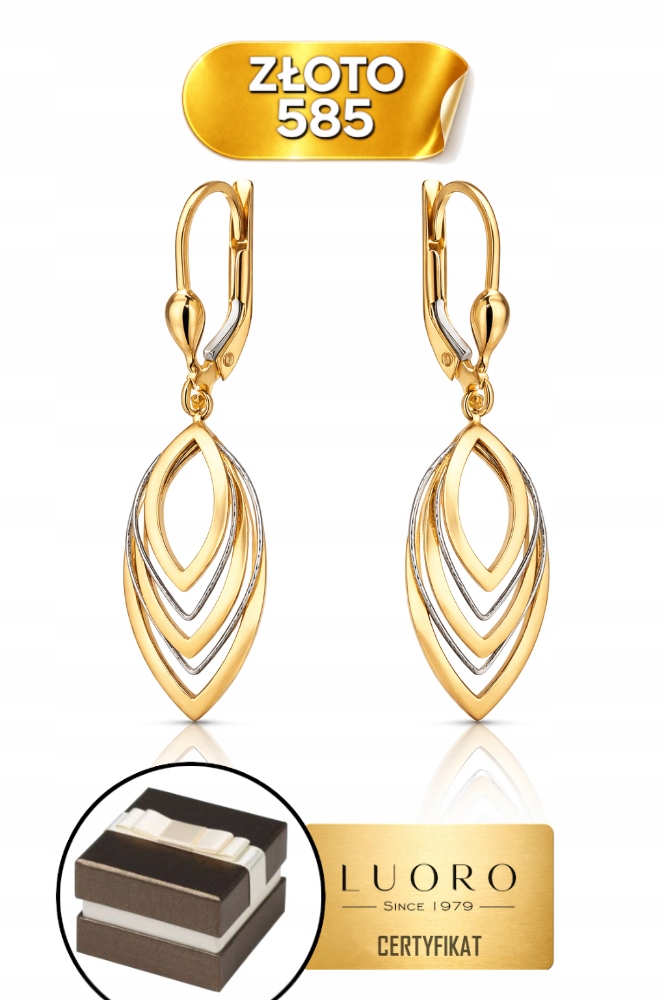 Náušnice Zlaté 585 14K Dvoubarevné Lístečky Na Anglickém Zapínání 3 7 CM