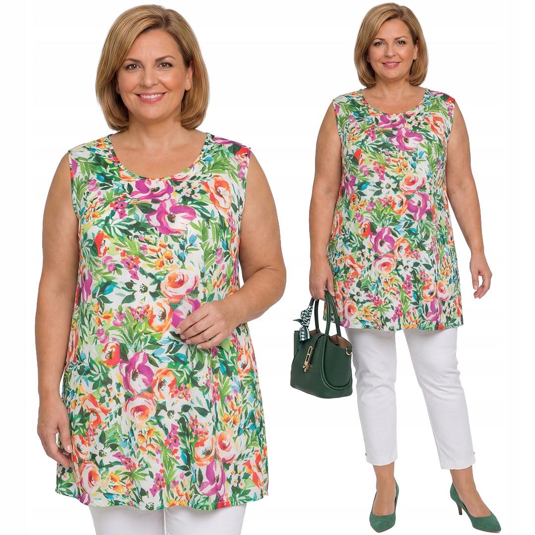 Bílá tunika bez rukávů s květinovým vzorem plus size velikost 50