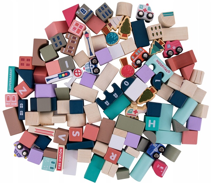 DREWNIANE KLOCKI + MATA PUZZLE MIASTO AUTA POLICJA BANK STRAŻ HELIKOPTER ++ Marka Tobbi-Toys