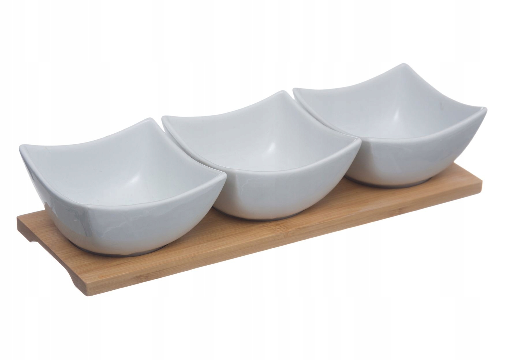 

Porcelanowe miseczki na bambusowej podstawce Białe