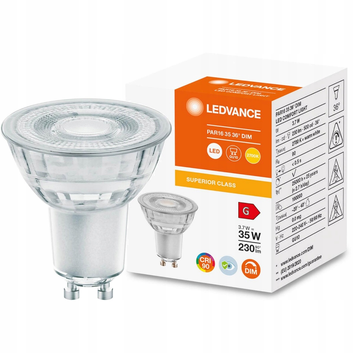 

Żarówka Led GU10 3,7W 35W 2700K CRI90 DIM Ledvance