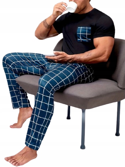 Pyžamo Dlouhé Kalhoty Mřížka Tričko S Kapsou Pánské Pyžamo L