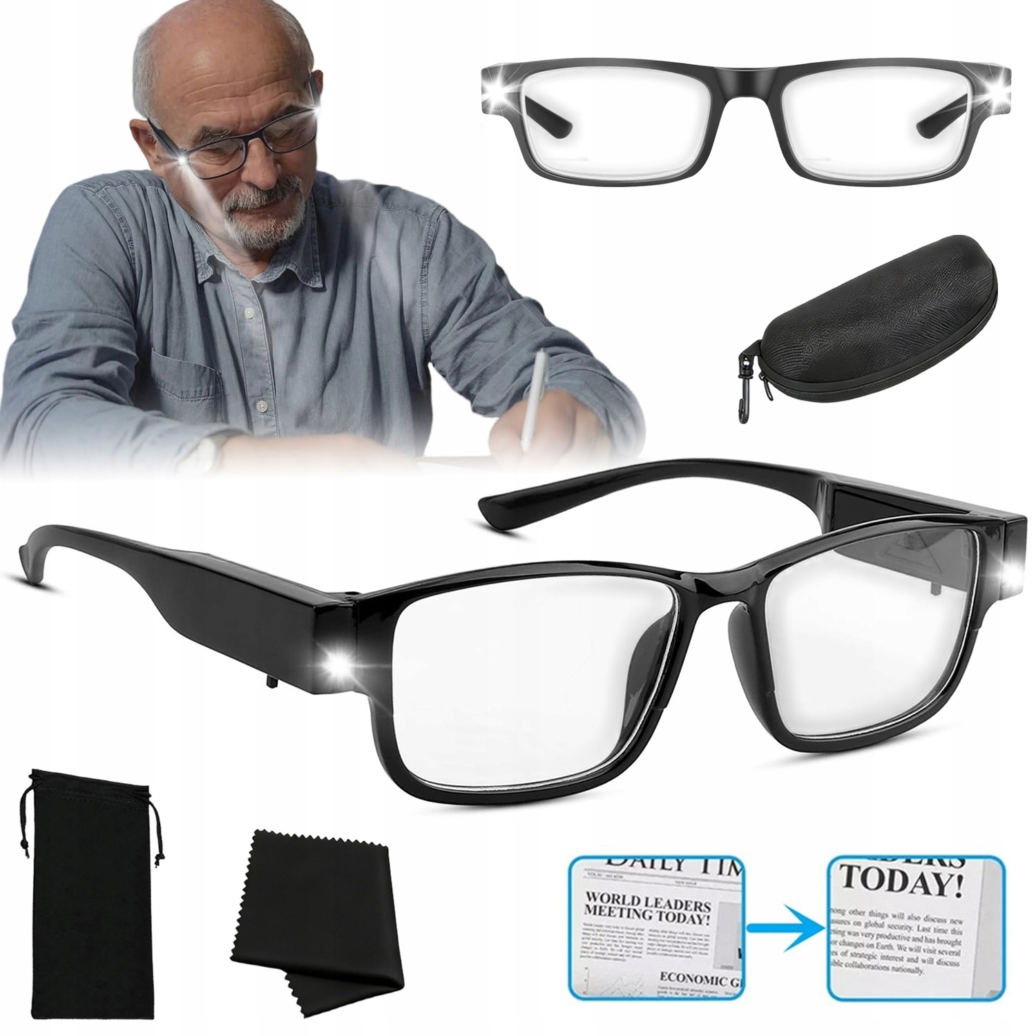 Okulary powiększające 8x, lupa nagłowna z oświetleniem LED