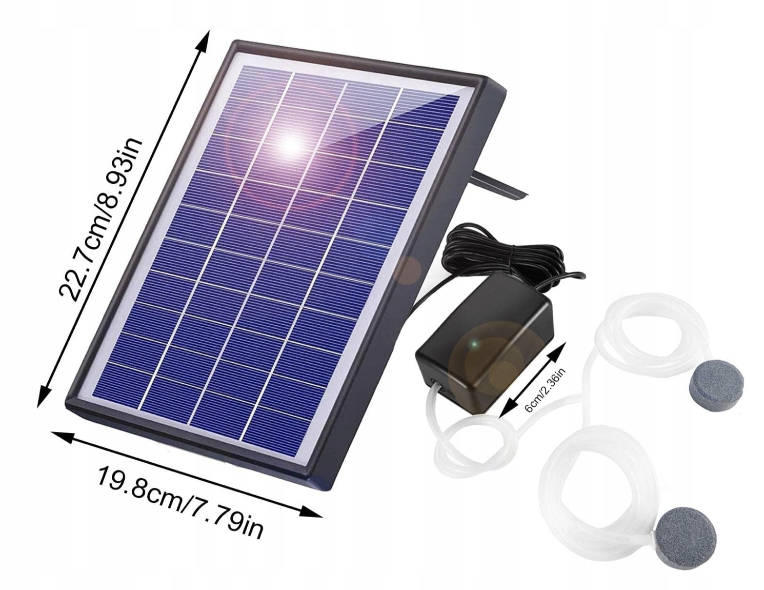 SOLARNY NAPOWIETRZACZ STAWU POMPA TLENU Z WĘŻEM Wydajność pompy l/h Do 500 l/h