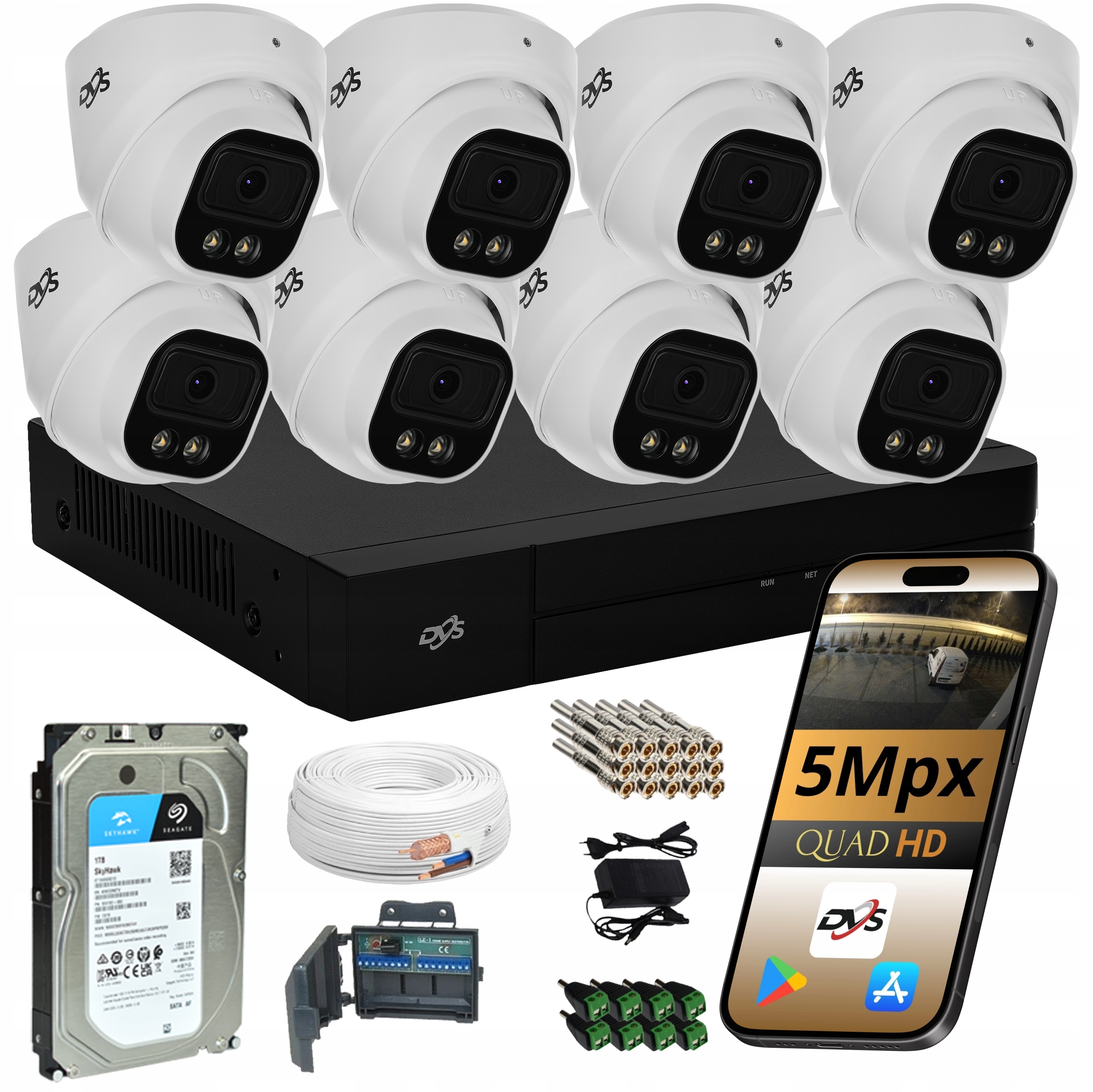 Sada 8 analogových kamer 5MPX pro monitorování s 1TB diskem Dvs Dual