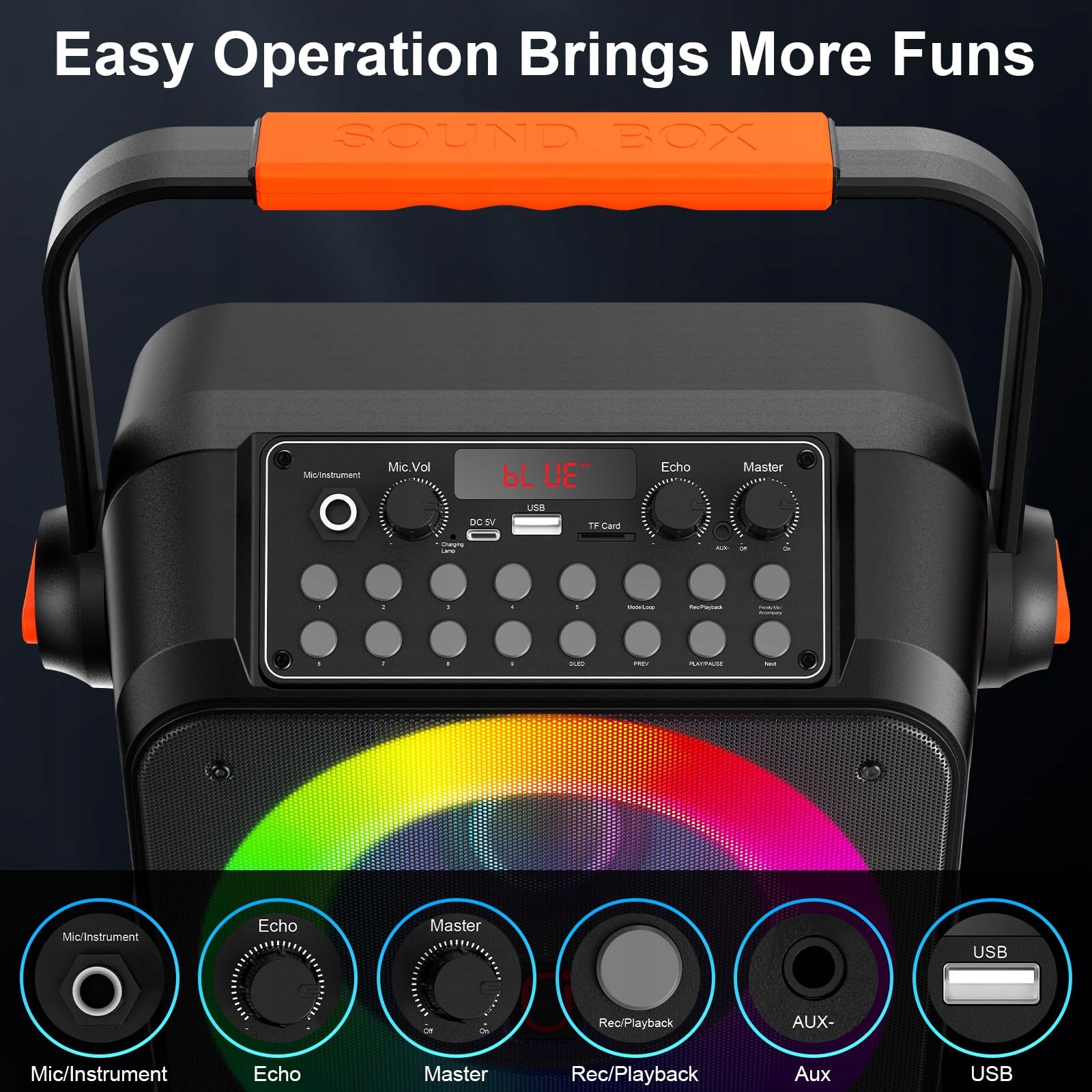 HWWR Karaoke Zestaw Z 2 Bezprzewodowymi Mikrofonami RGB Światła Partybox — miniatura 6