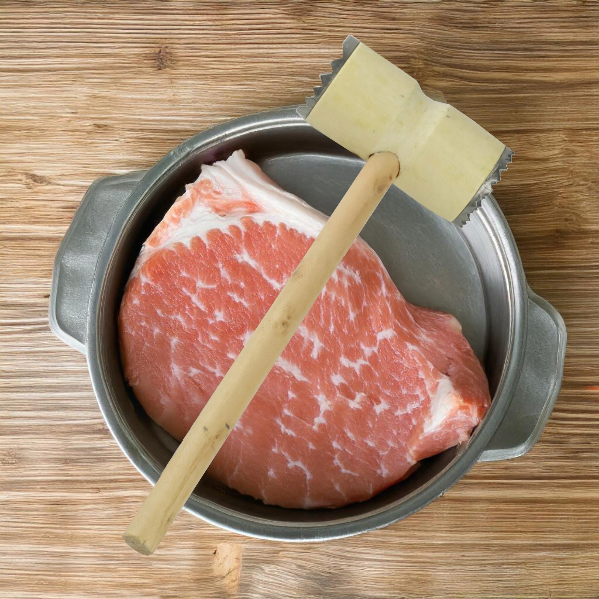 TŁUCZEK DO MIĘSA DREWNIANY DWUSTRONNY SOLIDNY MŁOTEK OKUTY KOTLETY