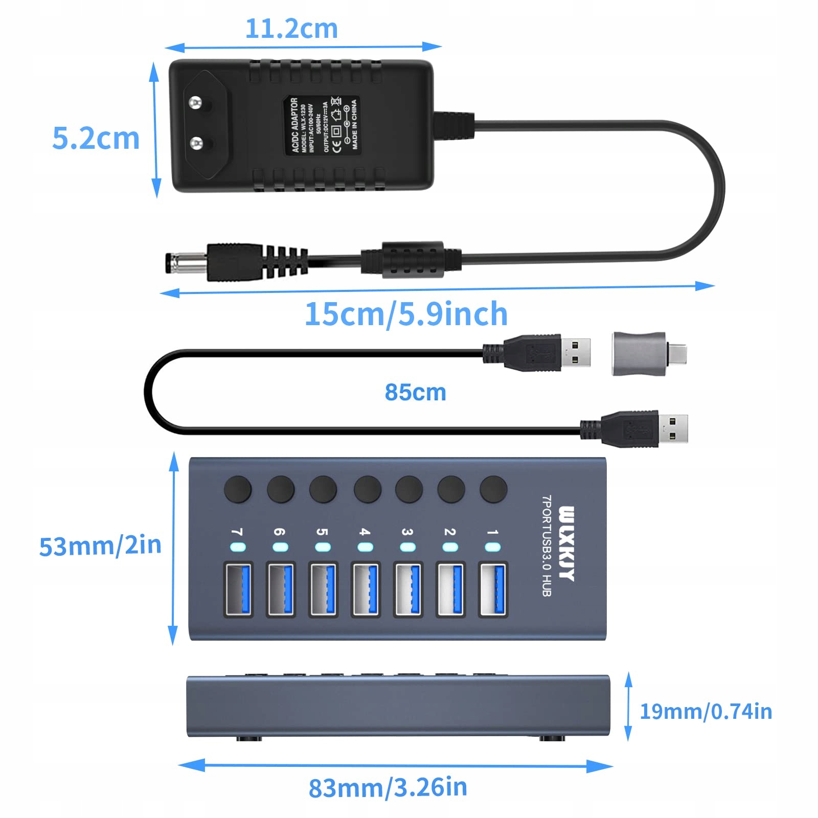 WLXKJY Hub USB 3.0 7-Port Aluminiowy Szybki Transfer Danych i Ładowanie — miniatura 6