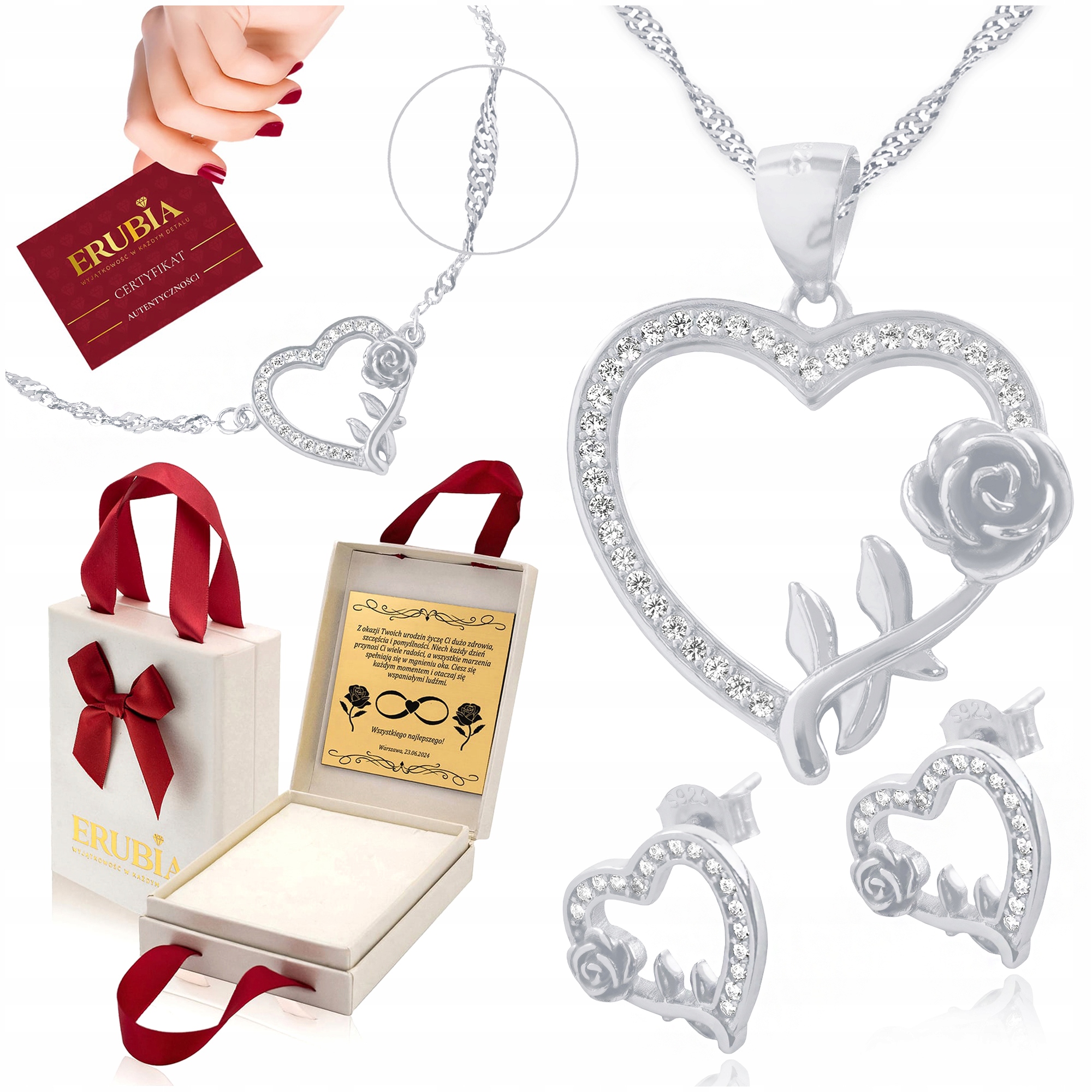 Sada Stříbrných Šperků Růže 70 CM, Dlouhá, Srdce 925 Dárek Gravírování