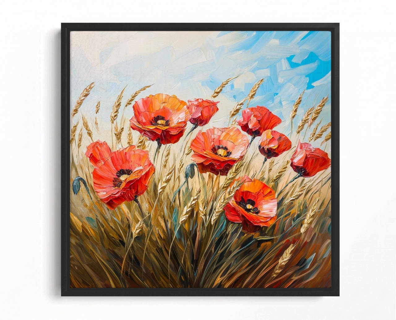 Obraz Rám American Box Olej Pole Obec Obilniny Kvety Červené Maki 60x60