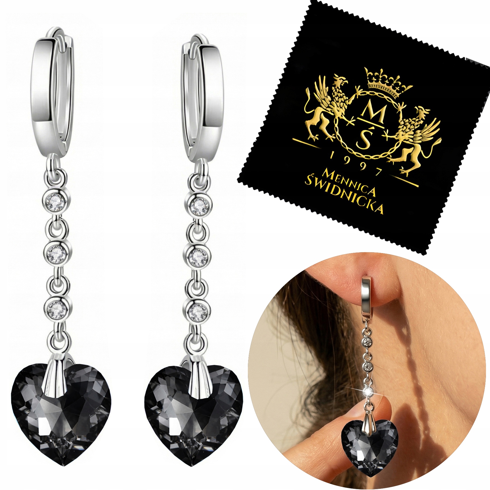 Dlouhé Náušnice Stříbro 925 Srdce Závěsné Zirkony Srdce Anglické zapínání