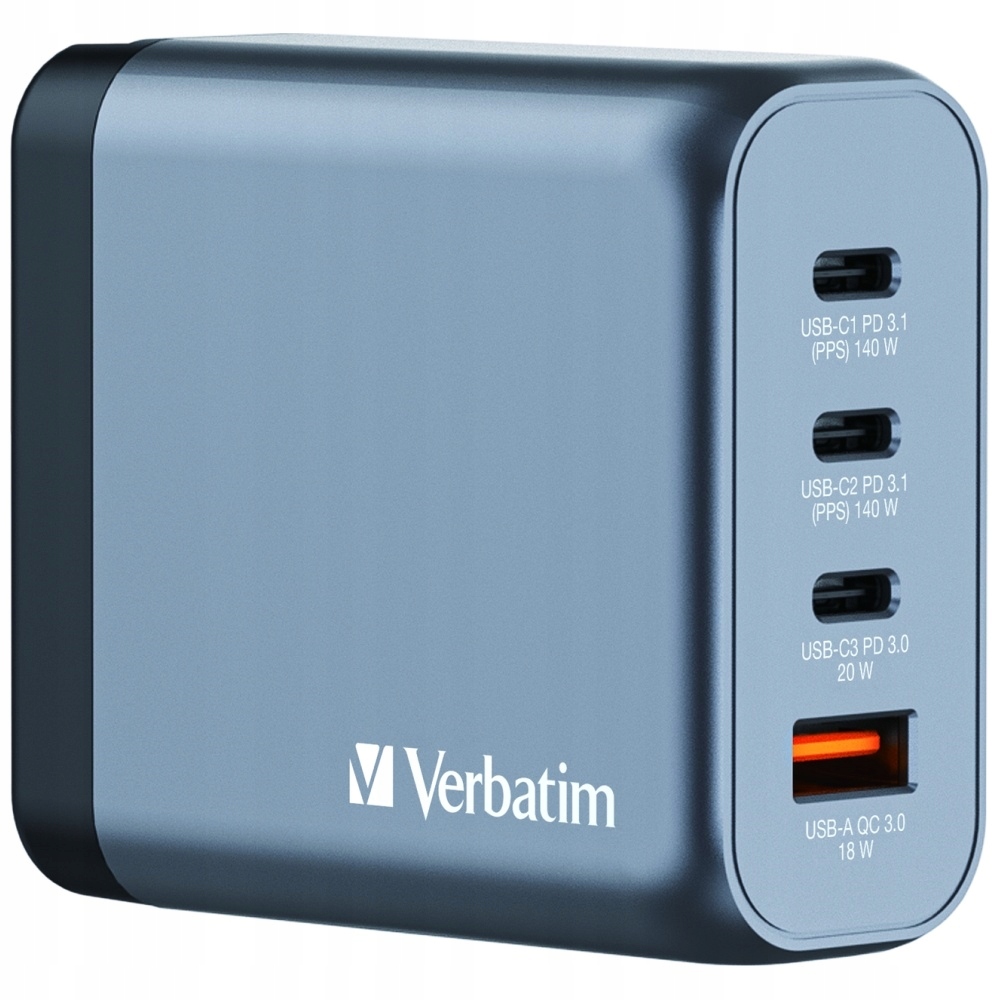 Ładowarka GaN Verbatim 140W z 3 portami Usb-c/a oraz adapterem Eu/uk/us